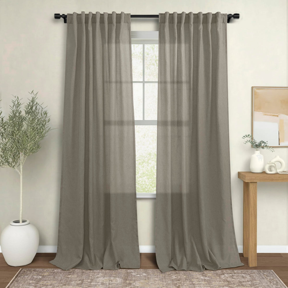 KOUFALL Taupe Light Brown Linen Curtains for Living Room,2 Panels Sheer Country Farmhouse Style Back Tab Rod Pocket Curtains for Bedroom 84 Inches Long