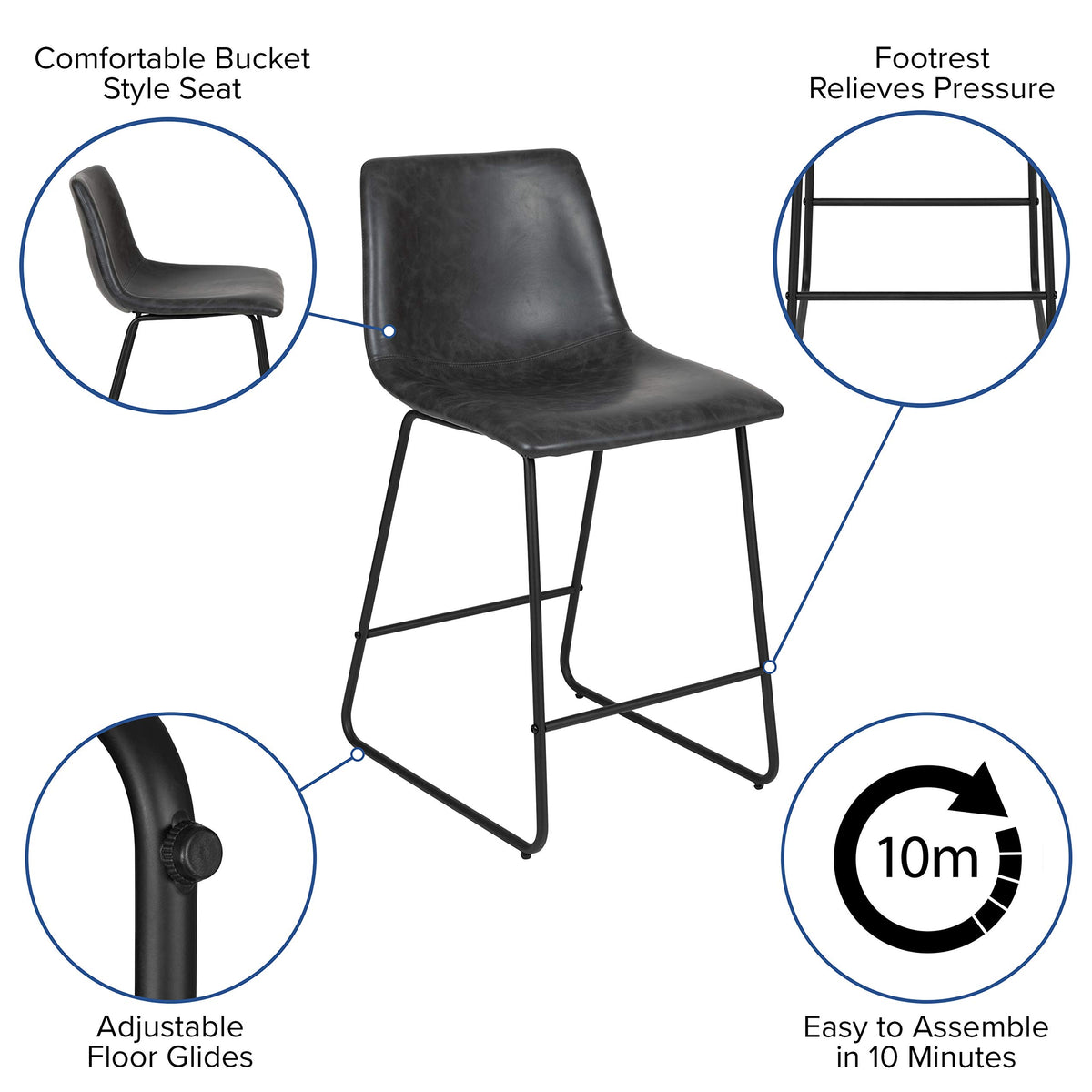 Flash Furniture Modern Chair 24" Commercial Grade LeatherSoft Counter Height Barstools - Gray, Set of 2