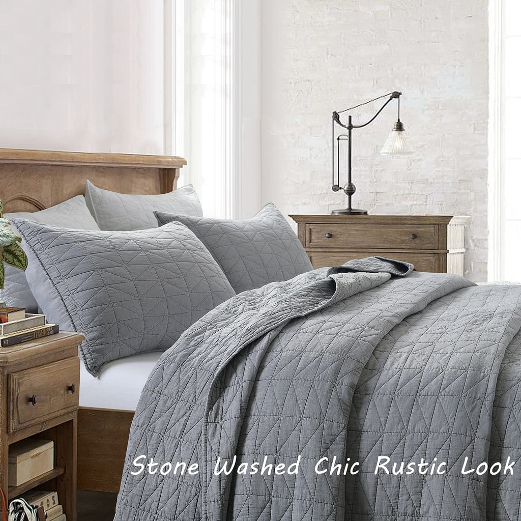 Horimote Home Quilt Set Queen Size, Stone-Washed Chic Rustic Grey Quilt With Classic Triangle Stitched Pattern, Ultra Soft Light