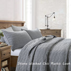 Horimote Home Quilt Set Queen Size, Stone-Washed Chic Rustic Grey Quilt With Classic Triangle Stitched Pattern, Ultra Soft Light