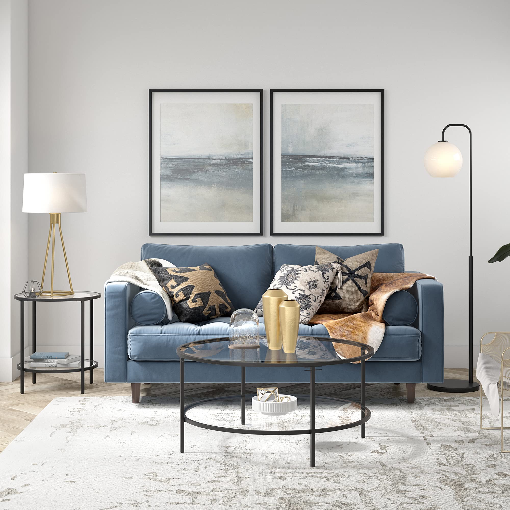 Henn&Hart 20' Wide Round Side Table With Glass Shelf In Brass, Table For Living Room, Bedroom