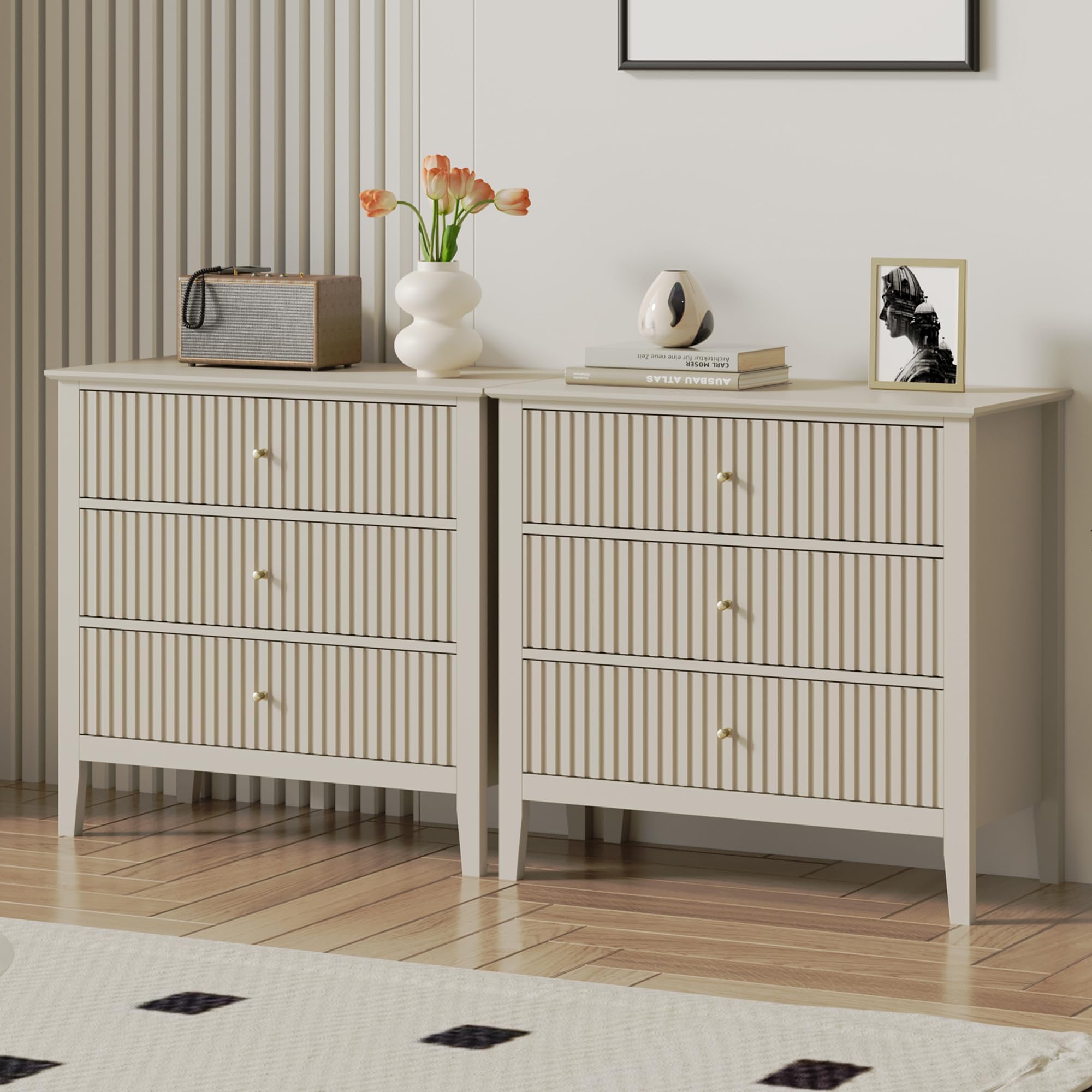 RoyalCraft 3 Drawer Dresser Set of 2, Fluted Wood Drawers for Bedroom, Modern Painted 30 inch Wide Nightstand for Bedroom, Entry
