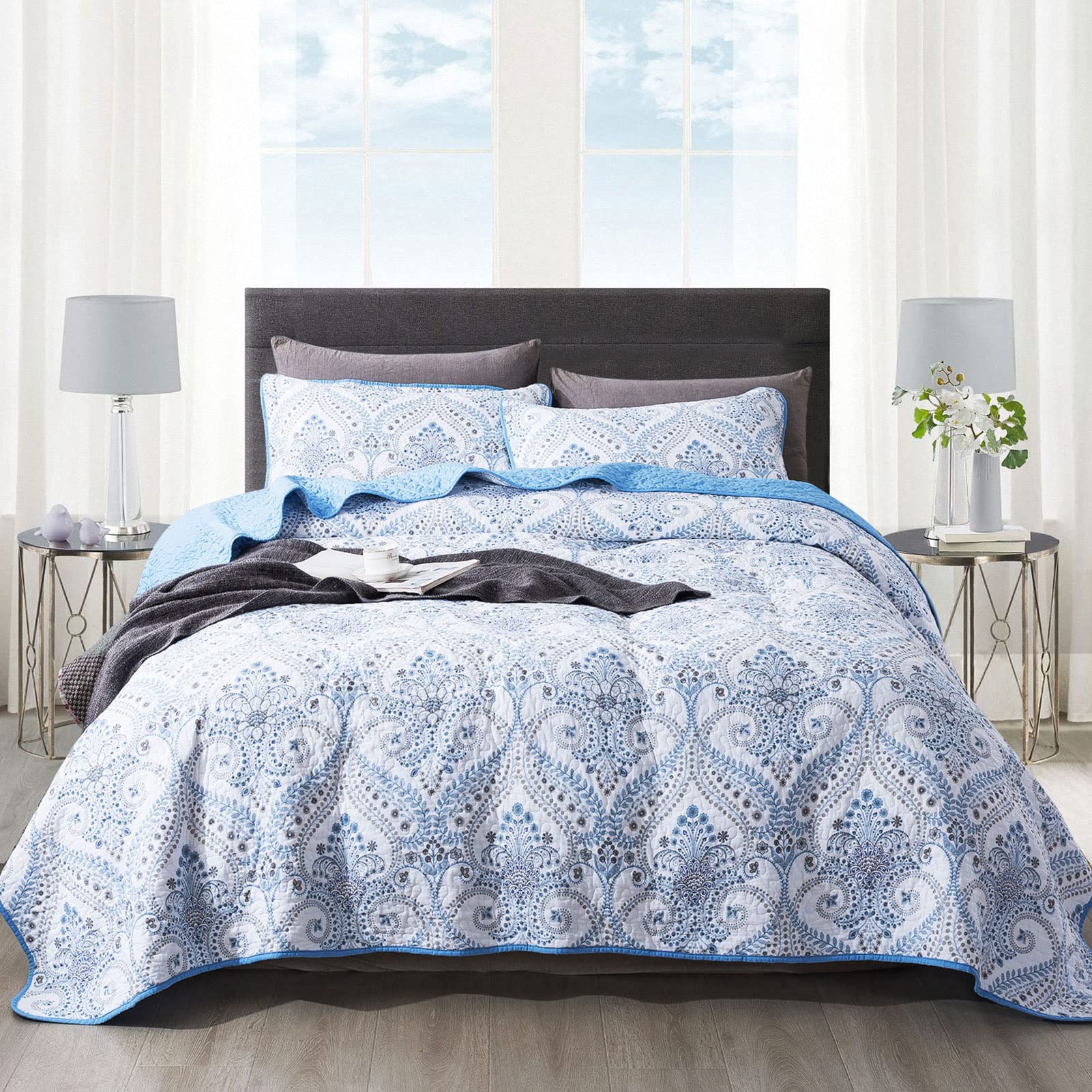 Newlake Cotton Bedspread Quilt Sets-Reversible Patchwork Coverlet Set, Blue Classic Royal Pattern,Twin Size