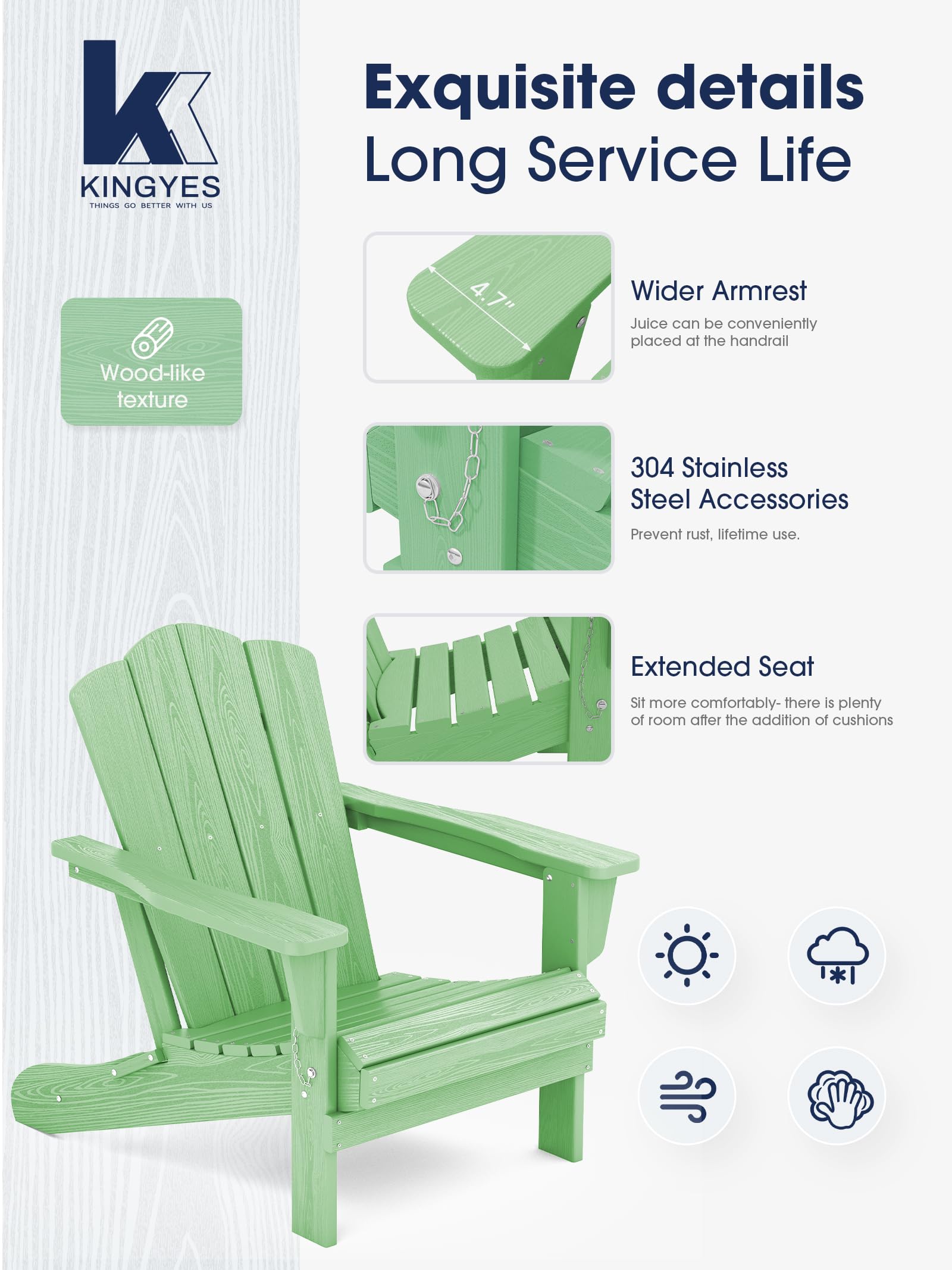 Kingyes Folding Adirondack Chair Set Of 6, Hdpe All-Weather Folding Adirondack Chair, Light Green