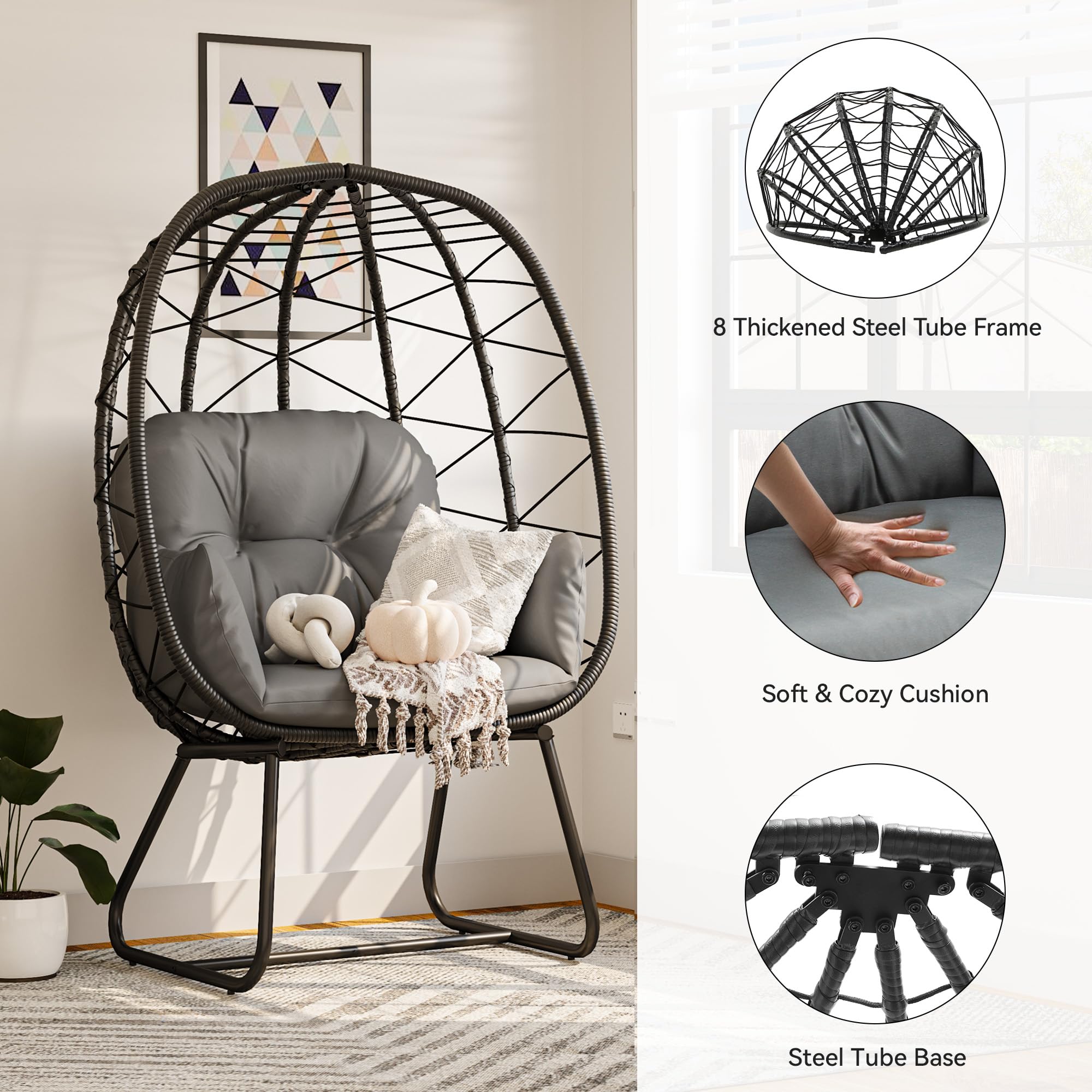 Yitahome Egg Chair With Stand Outdoor Indoor Egg Lounge Chair With Cushion Wicker Chair Pe Rattan Chair Included For Patio, Garden, Backyard, Porch, Gray