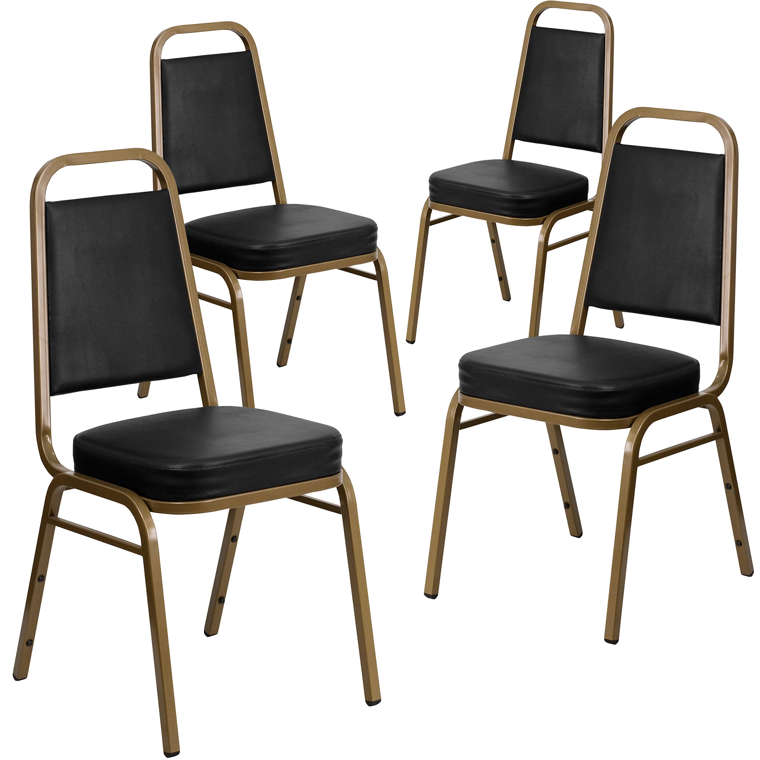 4 Pk. Stacking Chair with Black Vinyl and 2.5 Thick Seat - Gold Frame