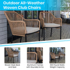 Flash Furniture Kallie Set of 2 Indoor/Outdoor Stacking Club Chairs with Arms - UV Resistant Woven Natural Seat - Ivory Zippered Cushions - Black Aluminum Frame