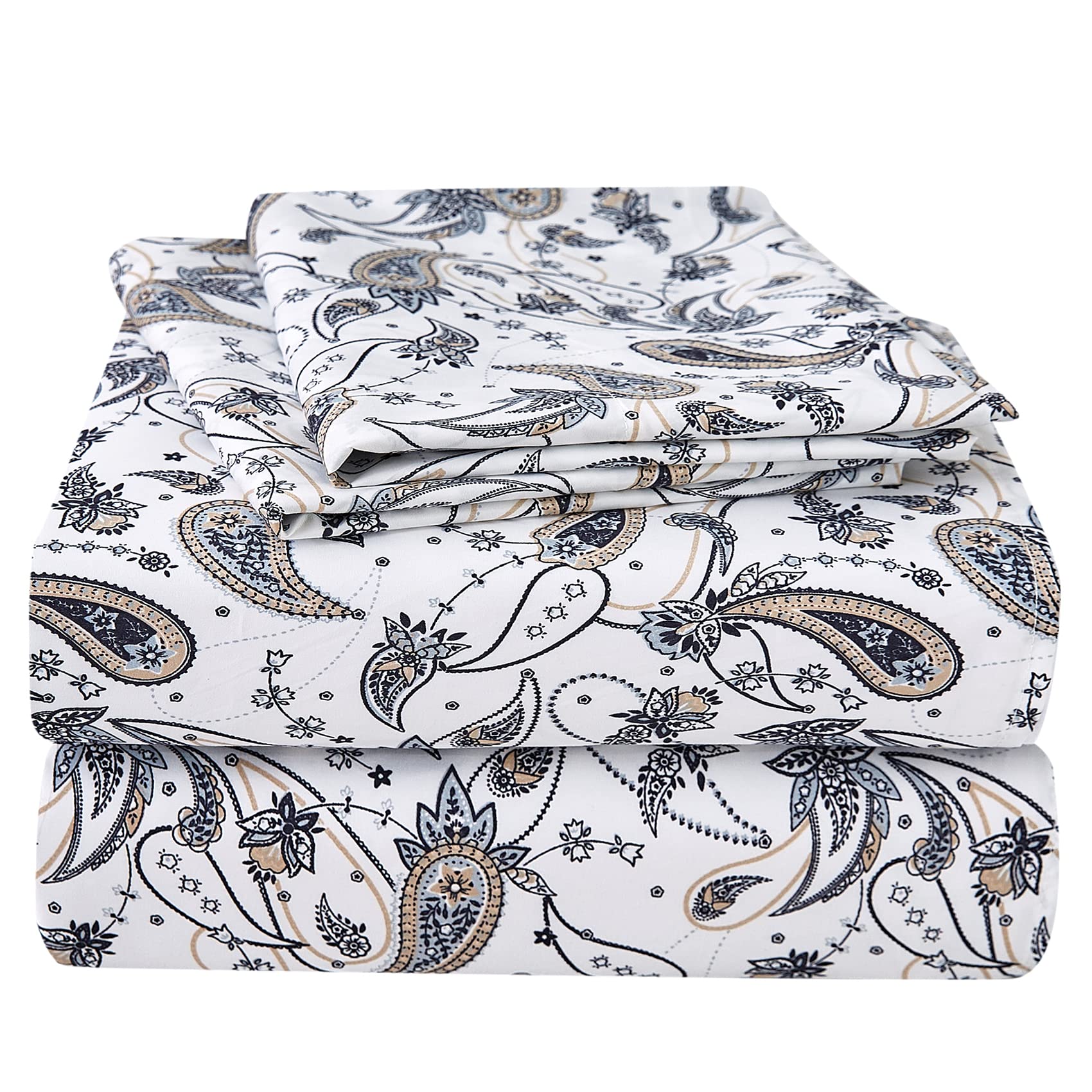 Jsd Grey Paisley Printed Sheet Set Queen Size, 4 Piece Soft Retro Pattern Microfiber Sheets Extra Deep Pocket