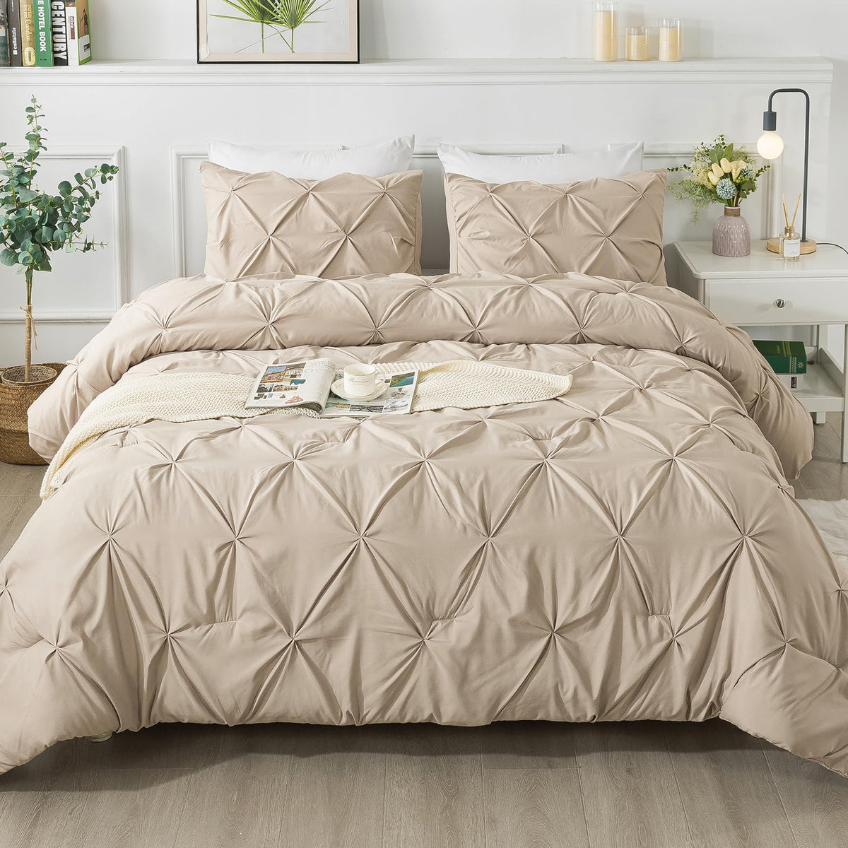 Andency California King Comforter Set Khaki (104X96Inch), Pinch Pleat Cal King Comforter Set 3 Pieces, Oversized King Pintuck Bed Comforter, Microfiber Down Alternative Comforter Bedding Set