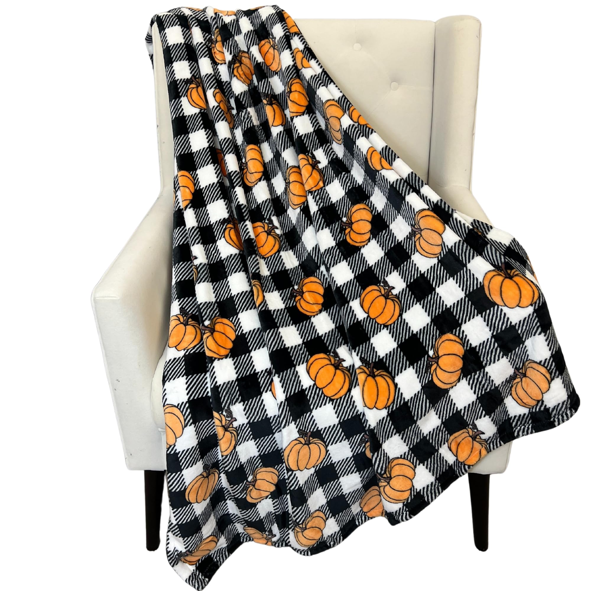 Serafina Home Fall Pumpkin Throw Blanket: Modern Farmhouse Country Black And White Check Plaid Extra Large 50'' X 70''