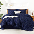 Litanika Full Size Comforter Set With Sheets Navy Blue - 7 Pieces Bed In A Bag Full Chevron Tufted Complete Beddding Sets With C