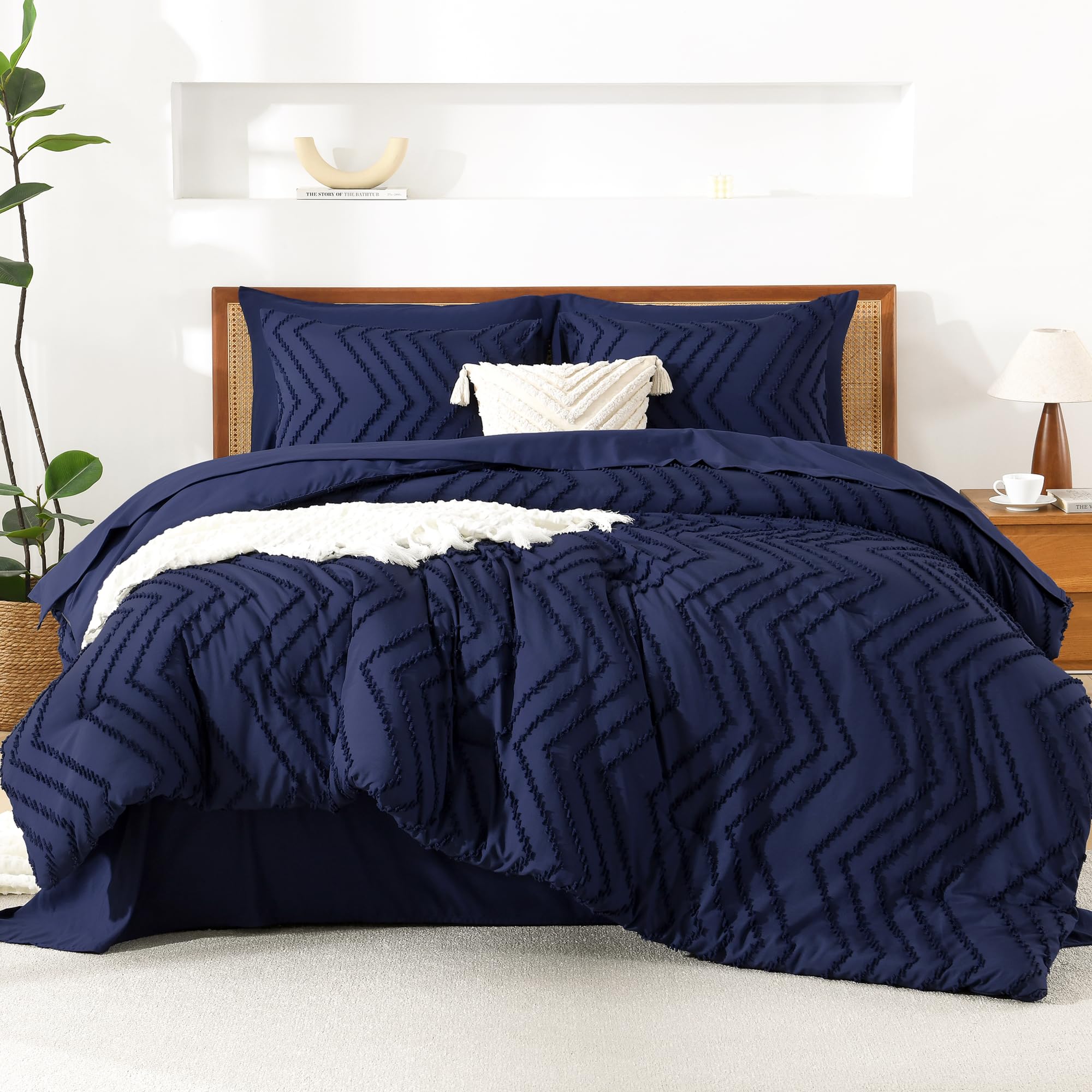 Litanika Full Size Comforter Set With Sheets Navy Blue - 7 Pieces Bed In A Bag Full Chevron Tufted Complete Beddding Sets With C
