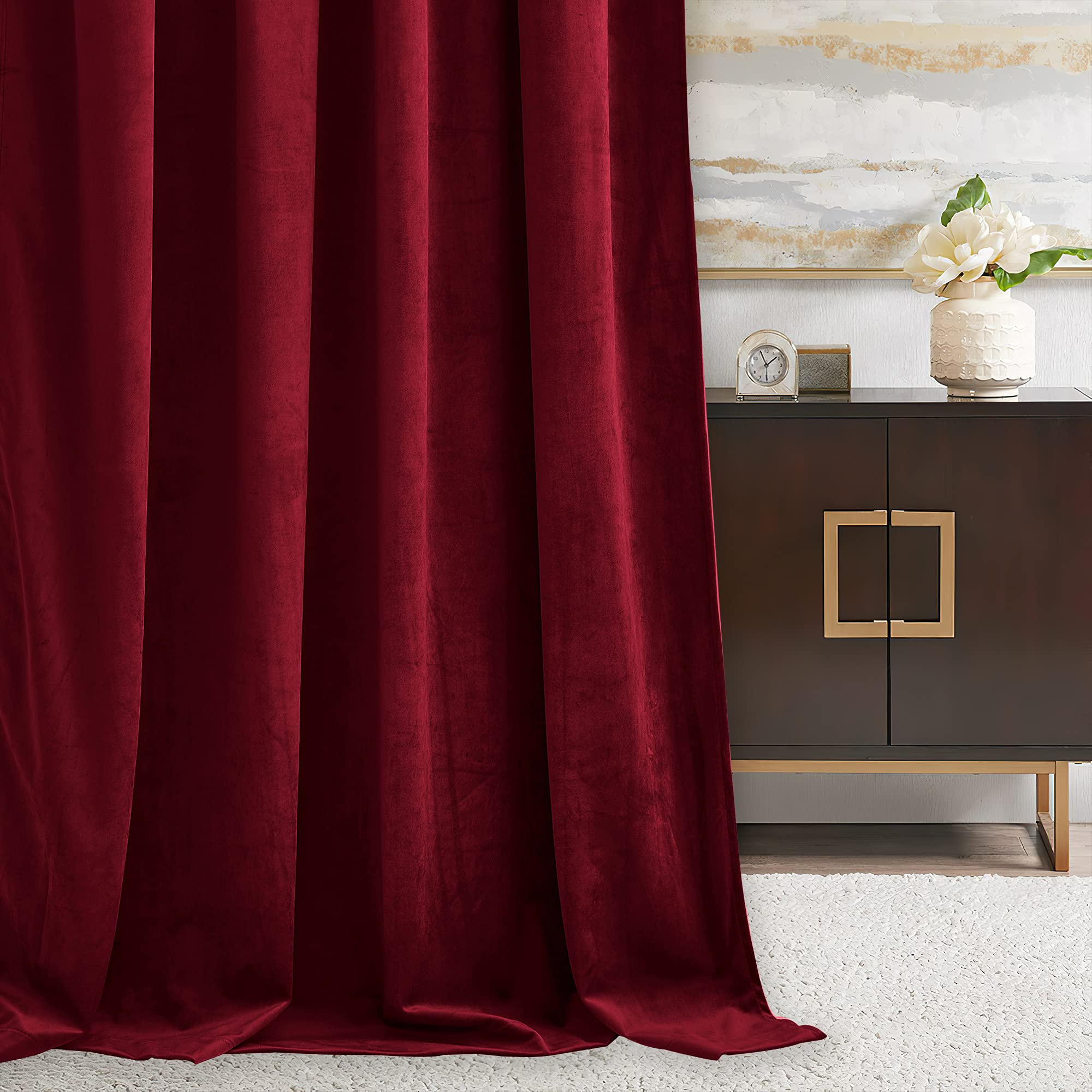 Ryb Home Red Theater Moive Velvet Curtains -Light & Heat Block Back Tabs Window Treatment Energy Efficient Privacy Protection Drapes For Hotel Villa Living Room, Ruby Red, W52 X L120 Inches, 2 Panels