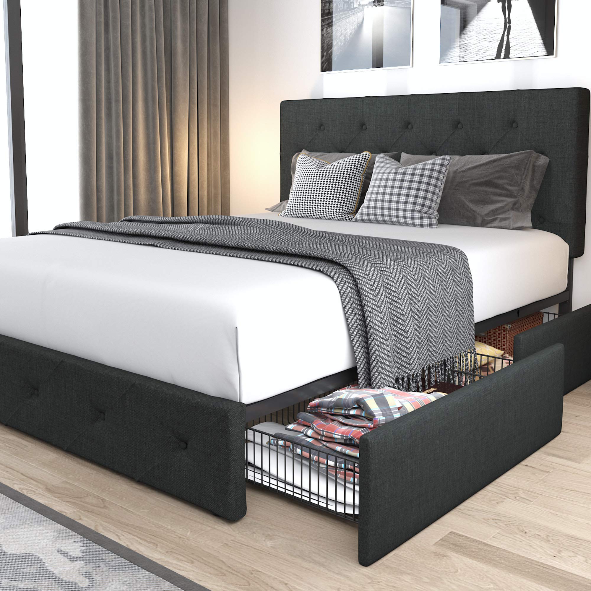 Allewie Upholstered Full Size Platform Bed Frame With 4 Storage Drawers And Headboard, Diamond Stitched Button Tufted Mattress Foundation With Wooden Slats Support, No Box Spring Needed, Dark Grey