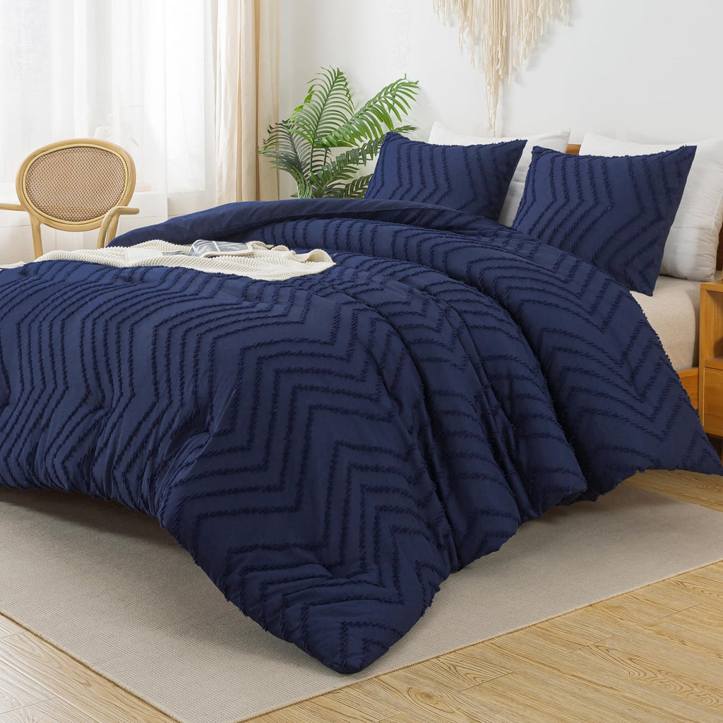 Litanika Navy Blue California King Comforter Set, 3 Pieces Cal King Oversized Chevron Tufted Bedding Comforter Sets, Fluffy Bed