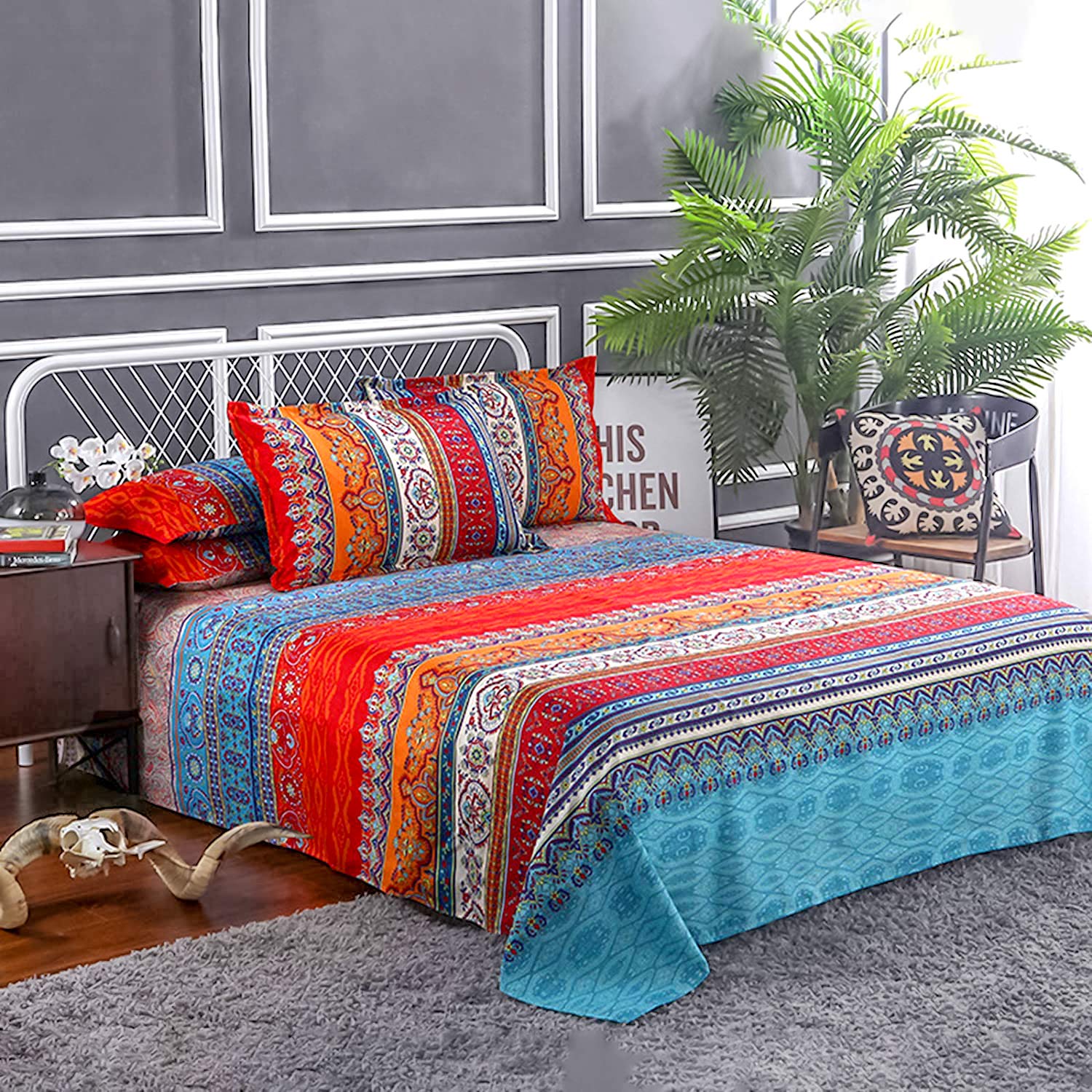 Boho Sheets Set Queen(4 Pcs) Boho Colorful Tribal Striped Bed Sheets 14' Deep Pocket Ethnic Fitted Sheet Bohemian Flat Sheets 2