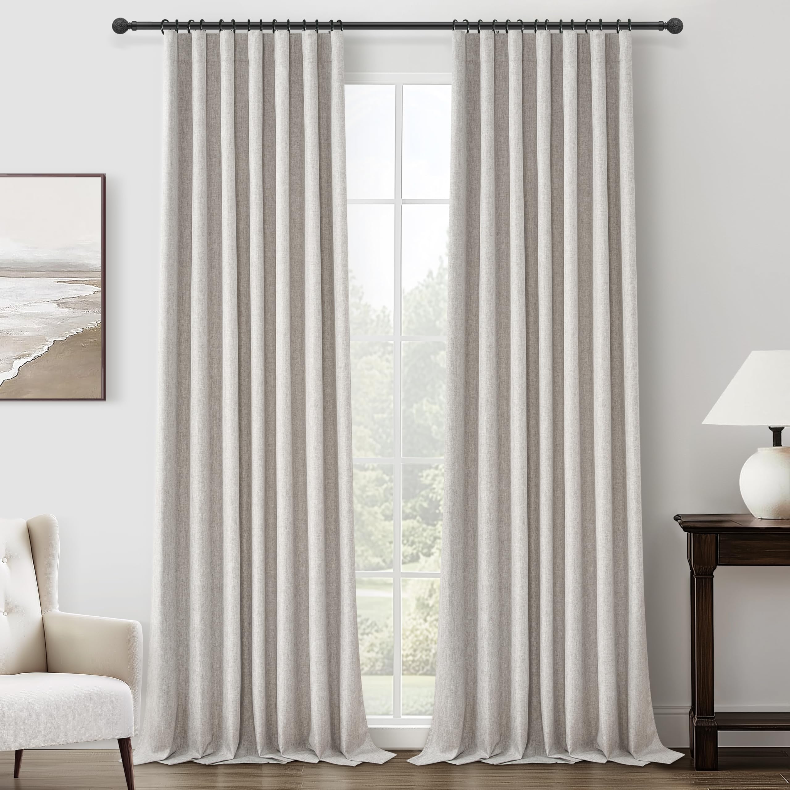 Pleat Linen Blend Room Darkening Extra Long Curtains 120 Inch Length 2 Panels Set for Living Room, Natural Melange Grey for Bedr