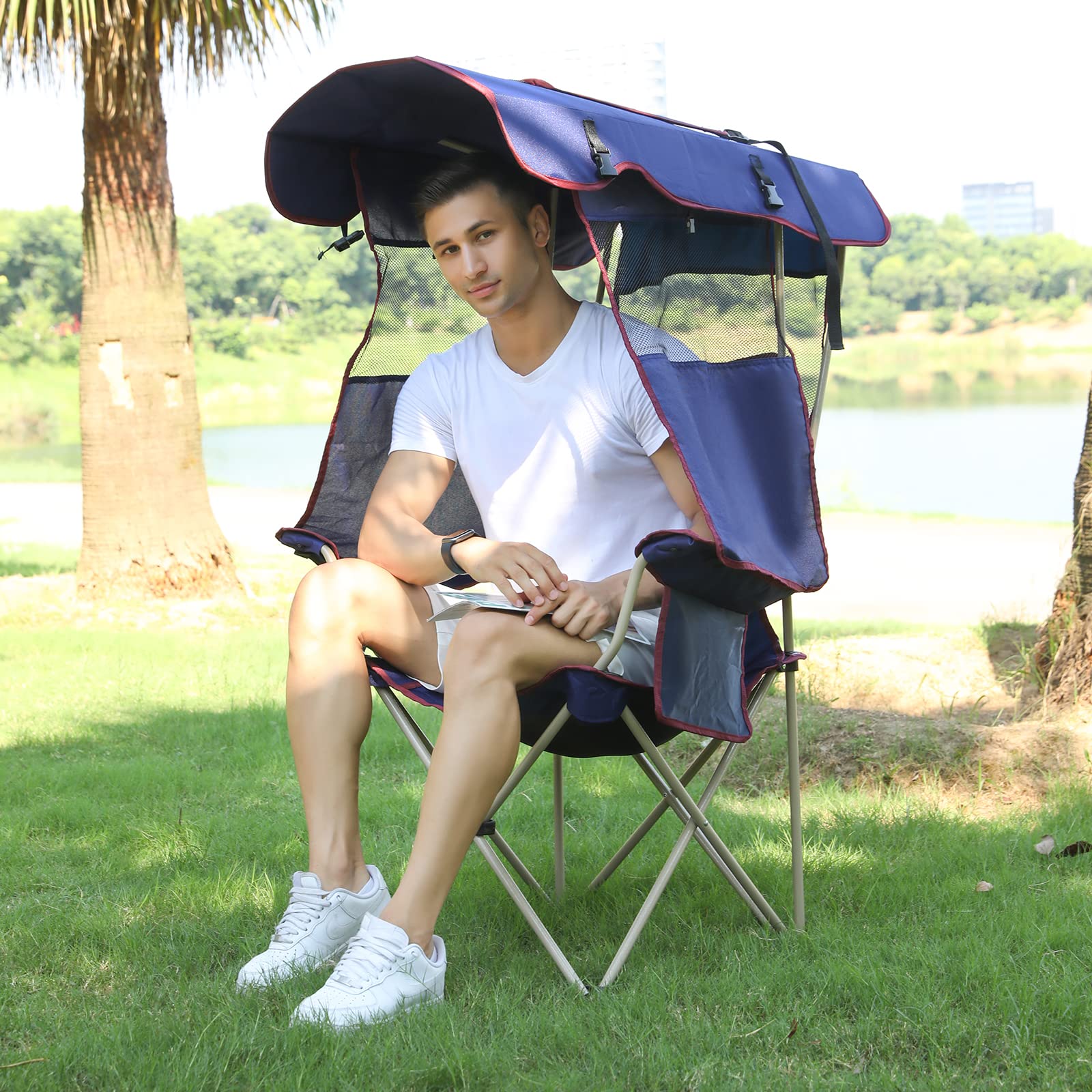 Camping Brothers Camping Chair with Canopy - Beach Chair with Shade for Outdoor Use, Adjustable Sunshade, Cup Holder, Side Pocke