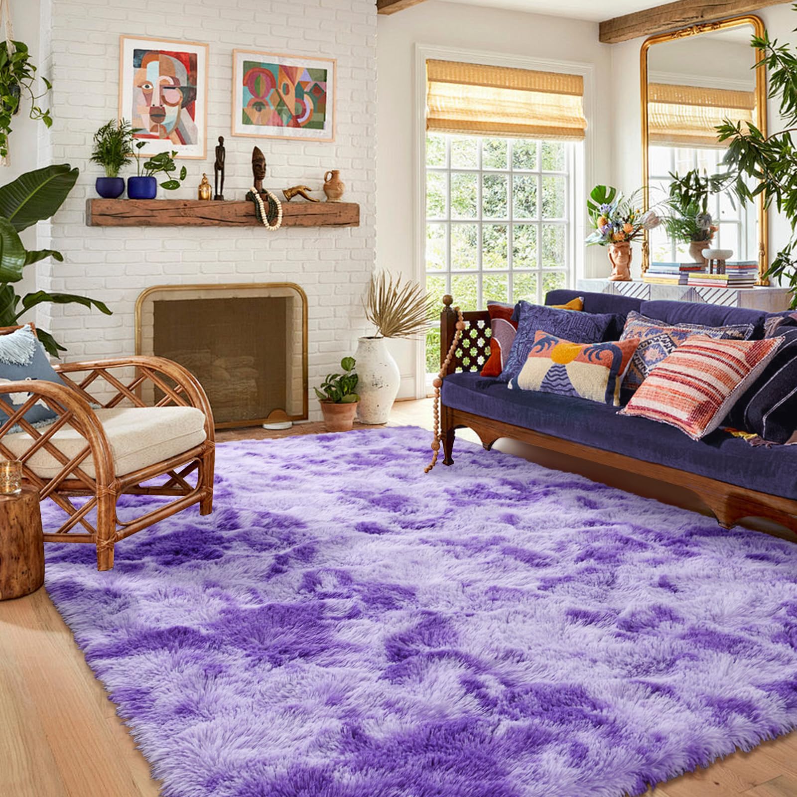 6x9 ft Purple White Fuzzy Rugs for Living Room Fluffy Bedroom Rug Non-Slip Area Rugs Shag Carpet for Nursery Kids PlayRoom Dorm 
