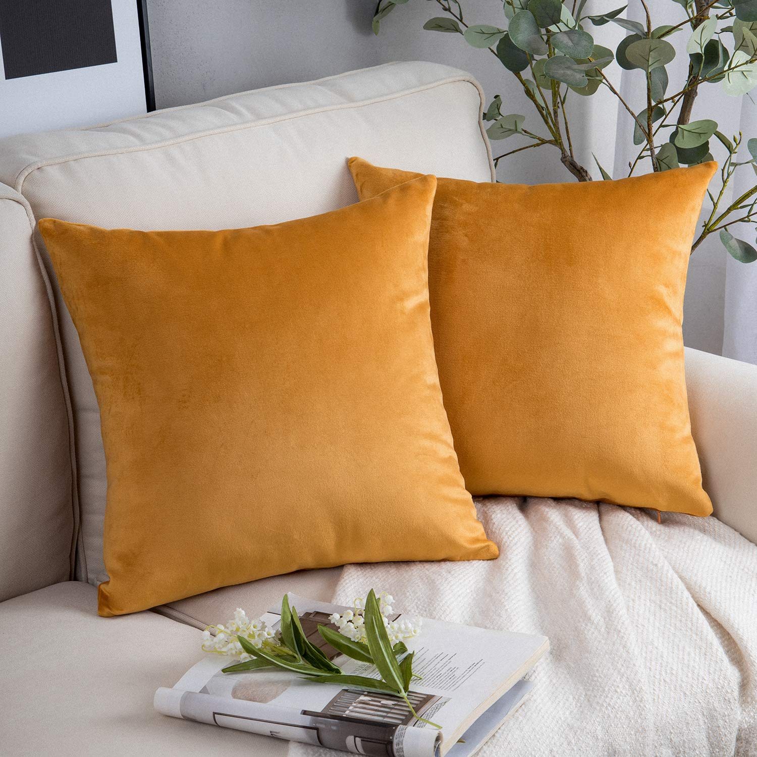 Phantoscope Pack Of 2 Velvet Decorative Fall Throw Decorative Pillow Cover Soft Solid Square Cushion Case For Couch Orange 18 X