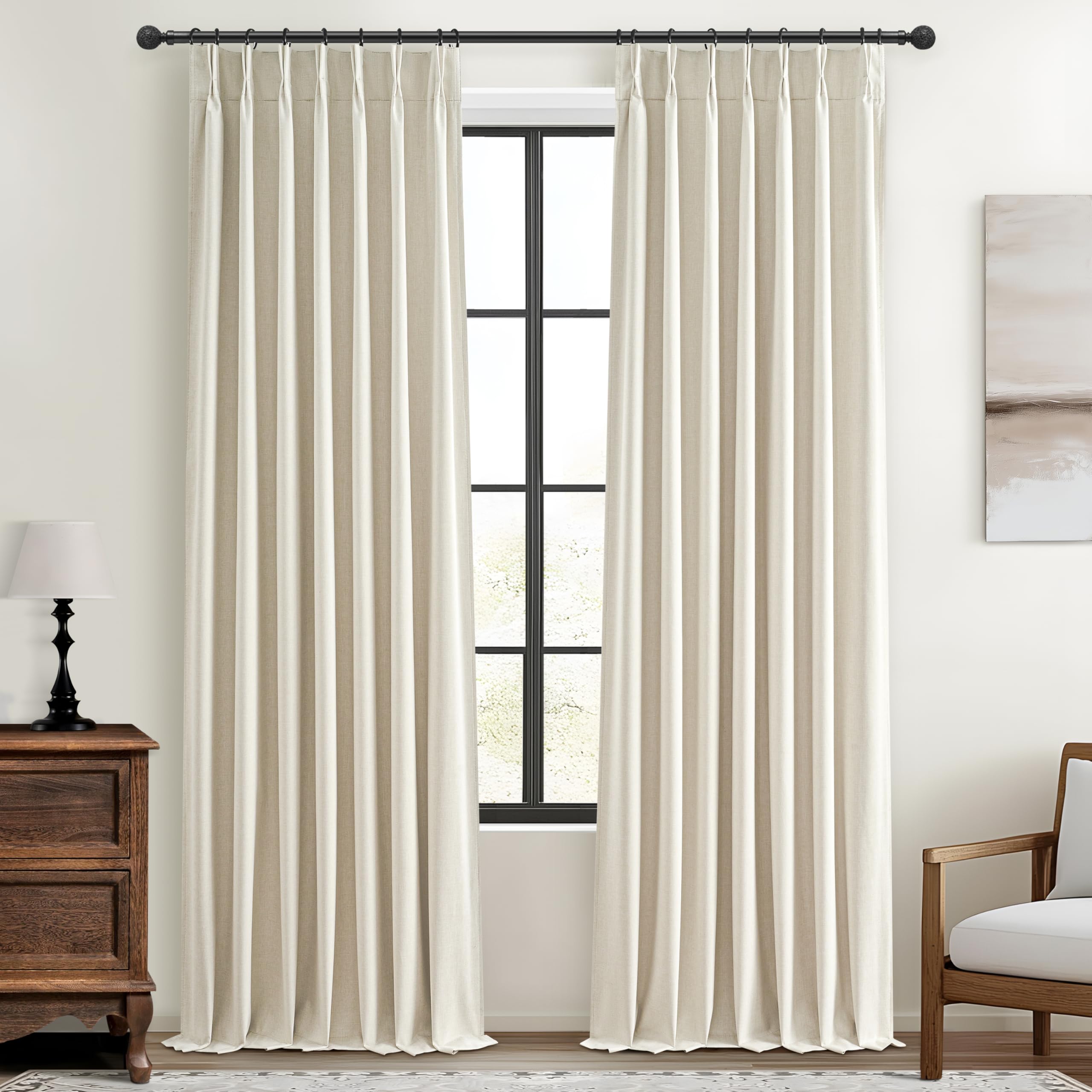 Room Darkening Cream Linen Curtains 92 Inches Long for Living Room/Bedroom, Neutral Pinch Pleated Blackout Heavy Curtain Insulat
