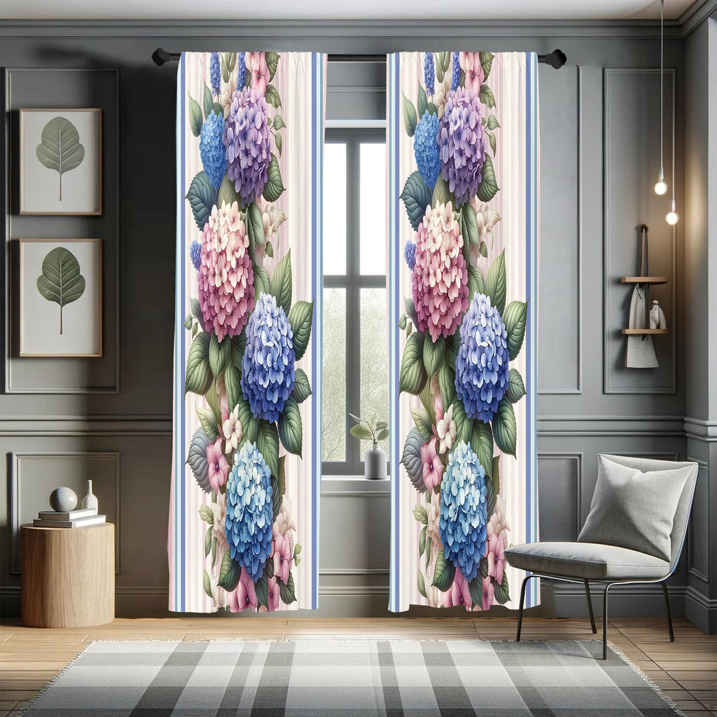 Ambesonne Floral Curtains, Leafy Huddle of Modern Illustrated Hydrangea on Pastel Striped Back, Window Treatments 2 Panel Set fo