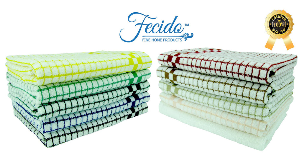 Fecido 10 Pack Classic Kitchen Dish Towels - Heavy Duty Super Absorbent 100% Cotton European Made Tea Towels Multi Color 19" X 27"
