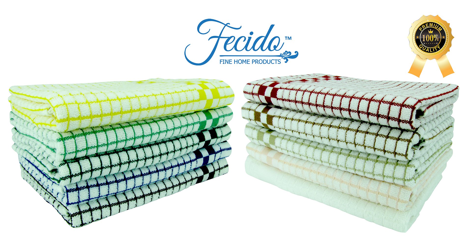 Fecido 10 Pack Classic Kitchen Dish Towels - Heavy Duty Super Absorbent 100% Cotton European Made Tea Towels Multi Color 19" X 27"