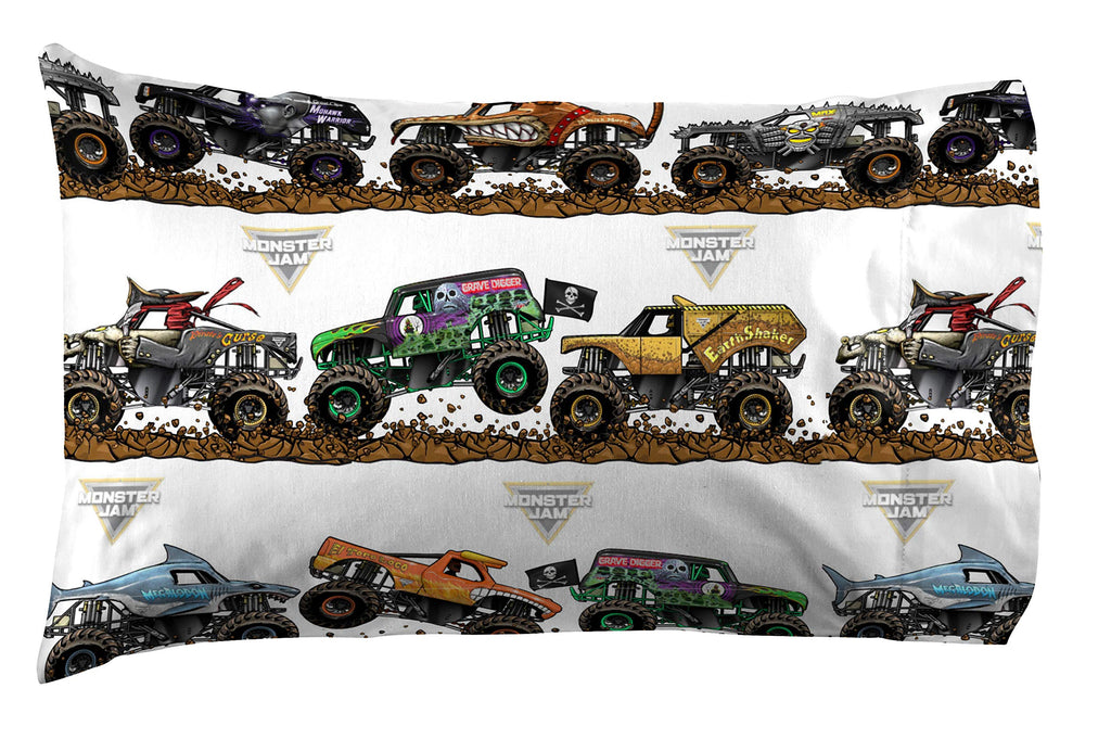 Jay Franco Monster Jam Tracks Twin Sheet Set - 3 Piece Set Super Soft And Cozy Kids Bedding Features Grave Digger & Megalodon -
