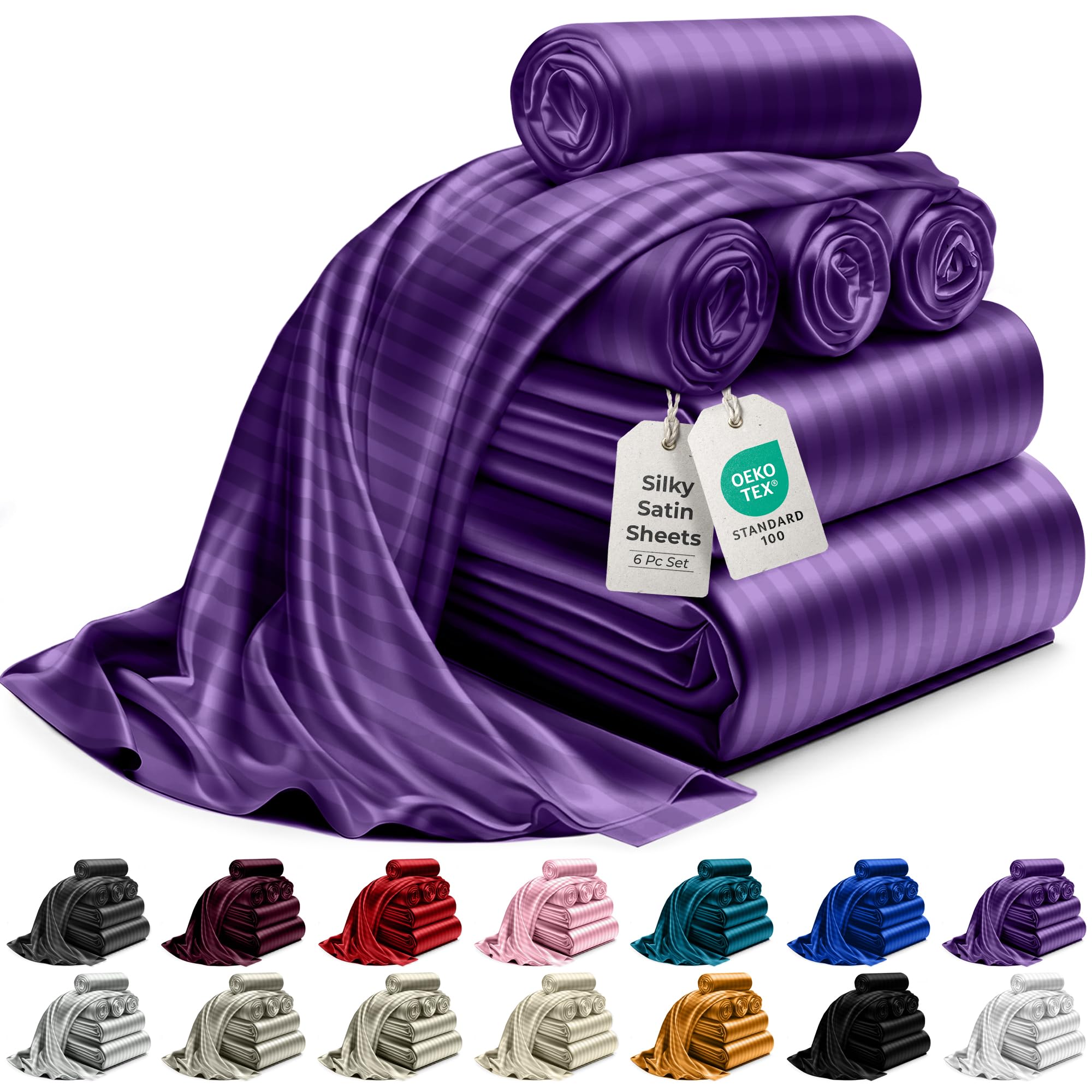 Decolure Striped Satin Sheets Queen Set 6Pc - Luxurious Silk Touch Satin Sheets Full - All-Season Silky Soft Full Size Bed Sheet