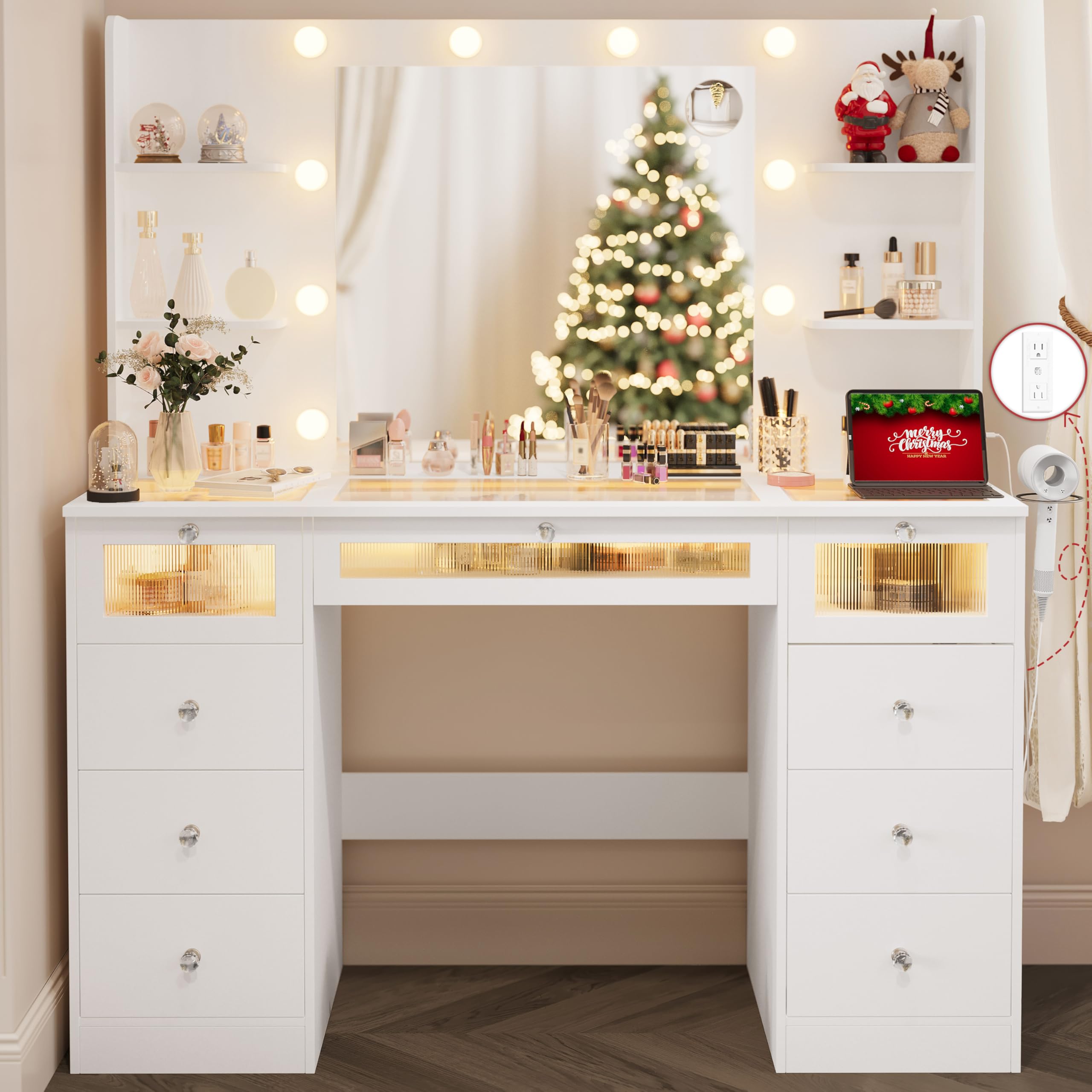 VQRhome White Vanity with Lighted 23.5    Mirror, Glass Top Vanity Desk with 9 Drawers & 3 Color Hollywood Bulbs & 4 Shelves & A