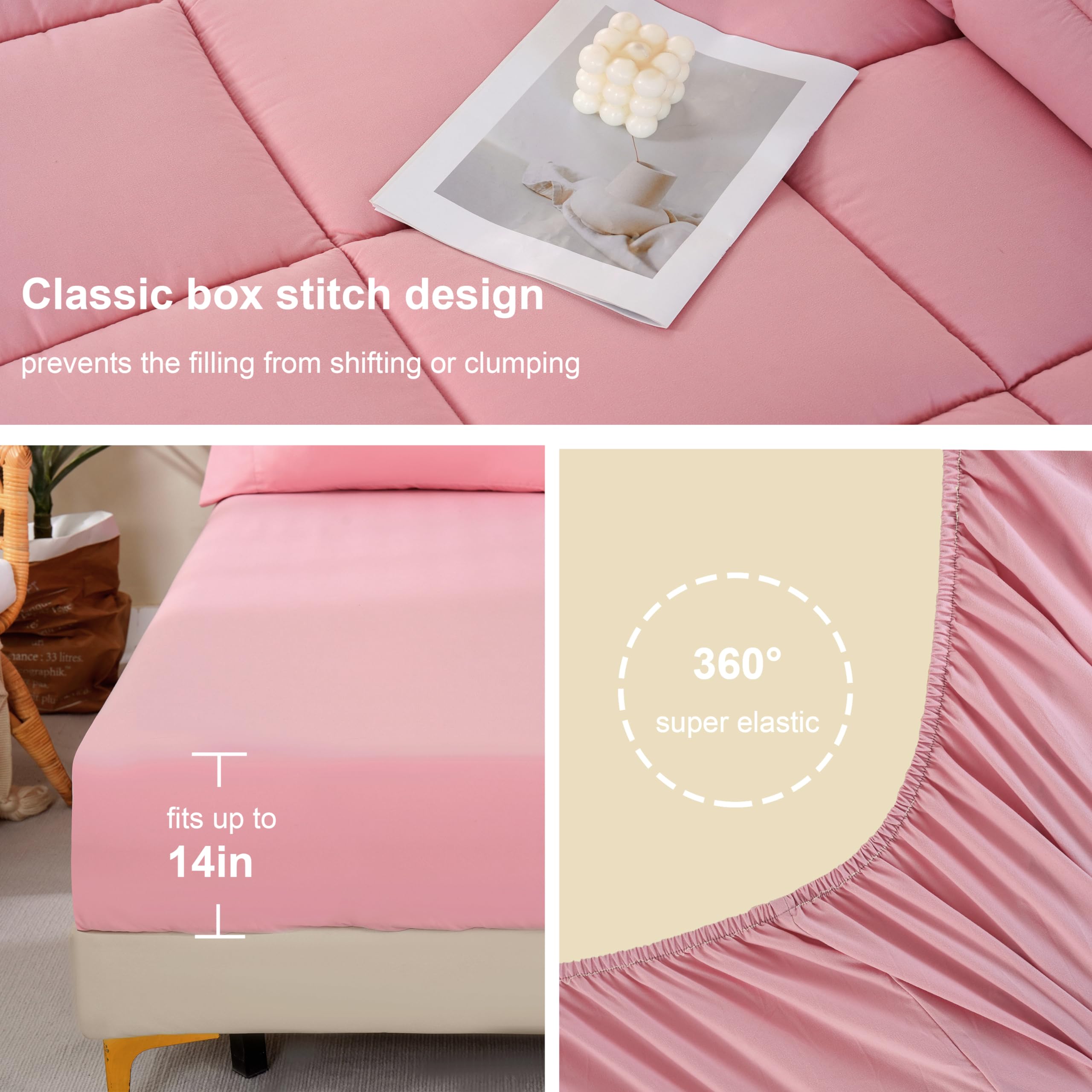Downcool Full Size Comforter Sets, 7Pcs Full Size Bedding Sets Pink, All Season Down Alternative Bedding Comforter Sets With Com