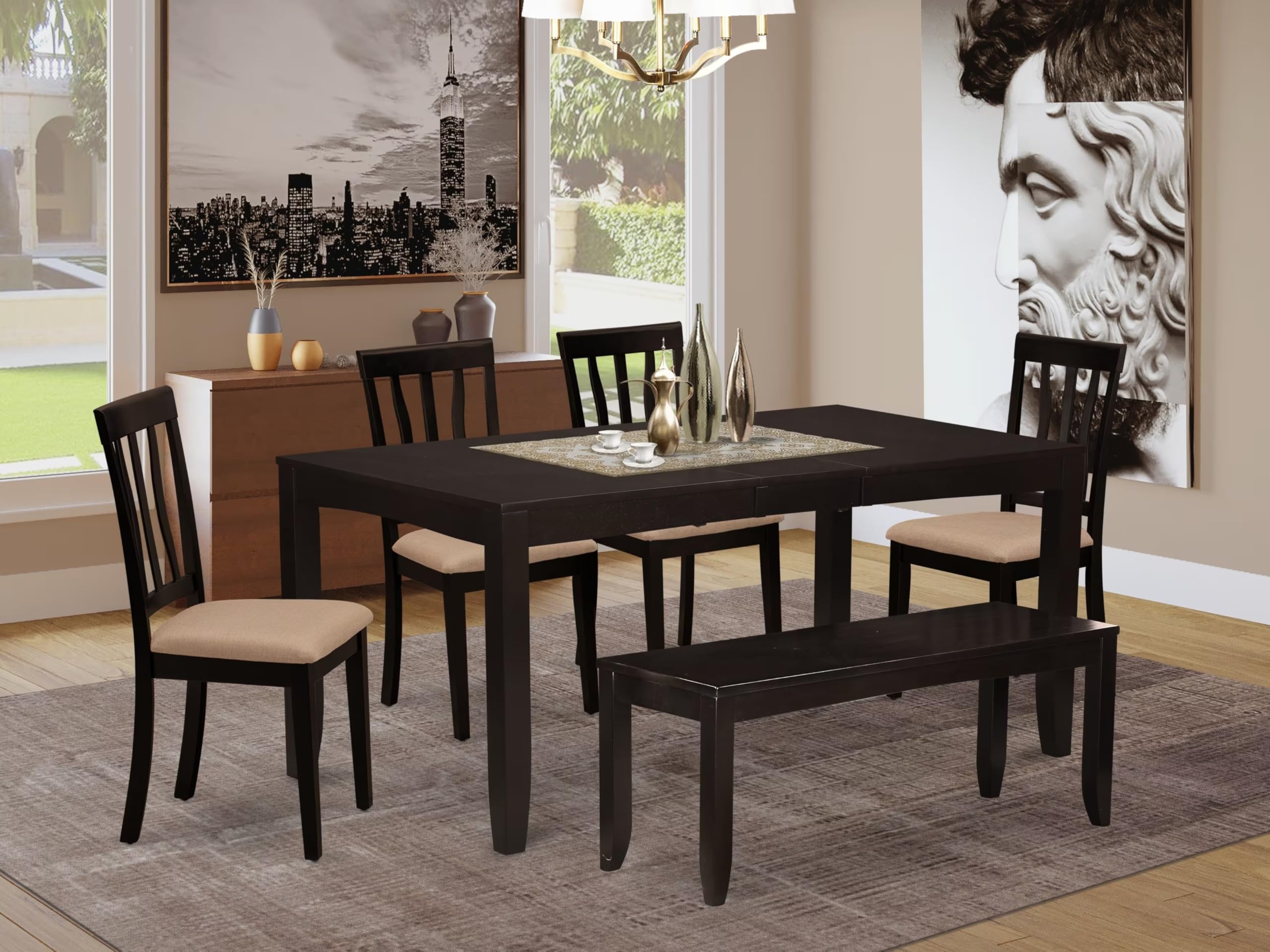 East West Furniture LYAN6-CAP-C Lynfield 6 Piece Set Contains a Rectangle Dining Room Table with Butterfly Leaf and 4 Linen Fabric Upholstered Chairs with a Bench, 36x66 Inch, Cappuccino