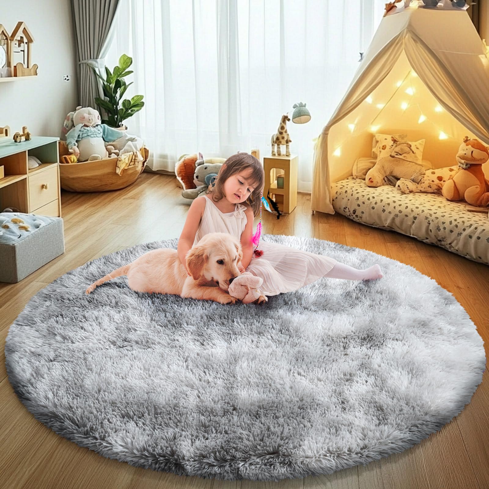 Tie-Dyed Fluffy Round Rug,Soft Area Rugs for Girls Room,Shaggy Rugs 6'X6' for Living Room,Non Slip Circle Rug for Kids Bedroom,S