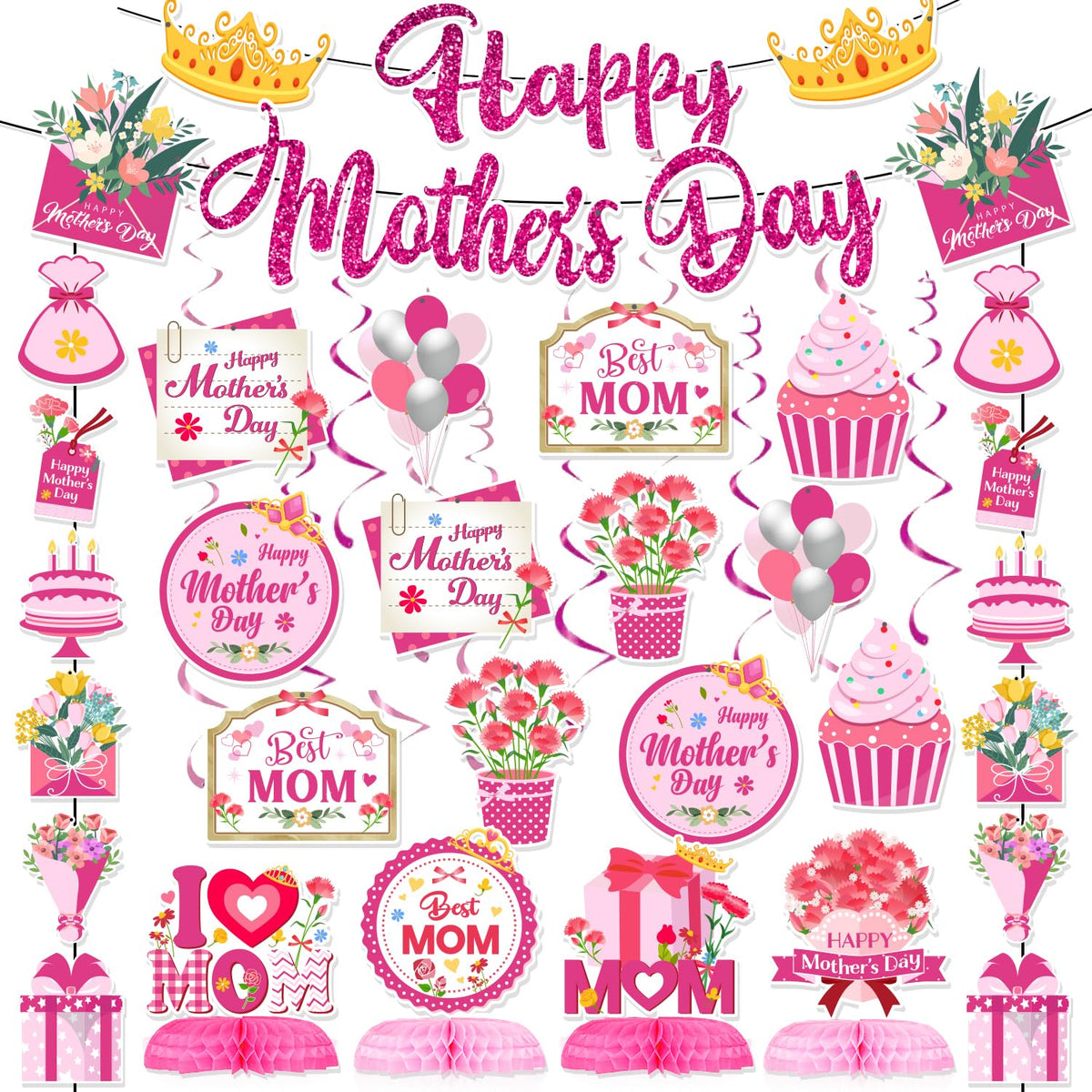 37Pcs Mothers Day Decorations includes Happy Mothers Day Banner Pink Mothers Day Hanging Swirls Honeycomb Centerpieces for Mothe