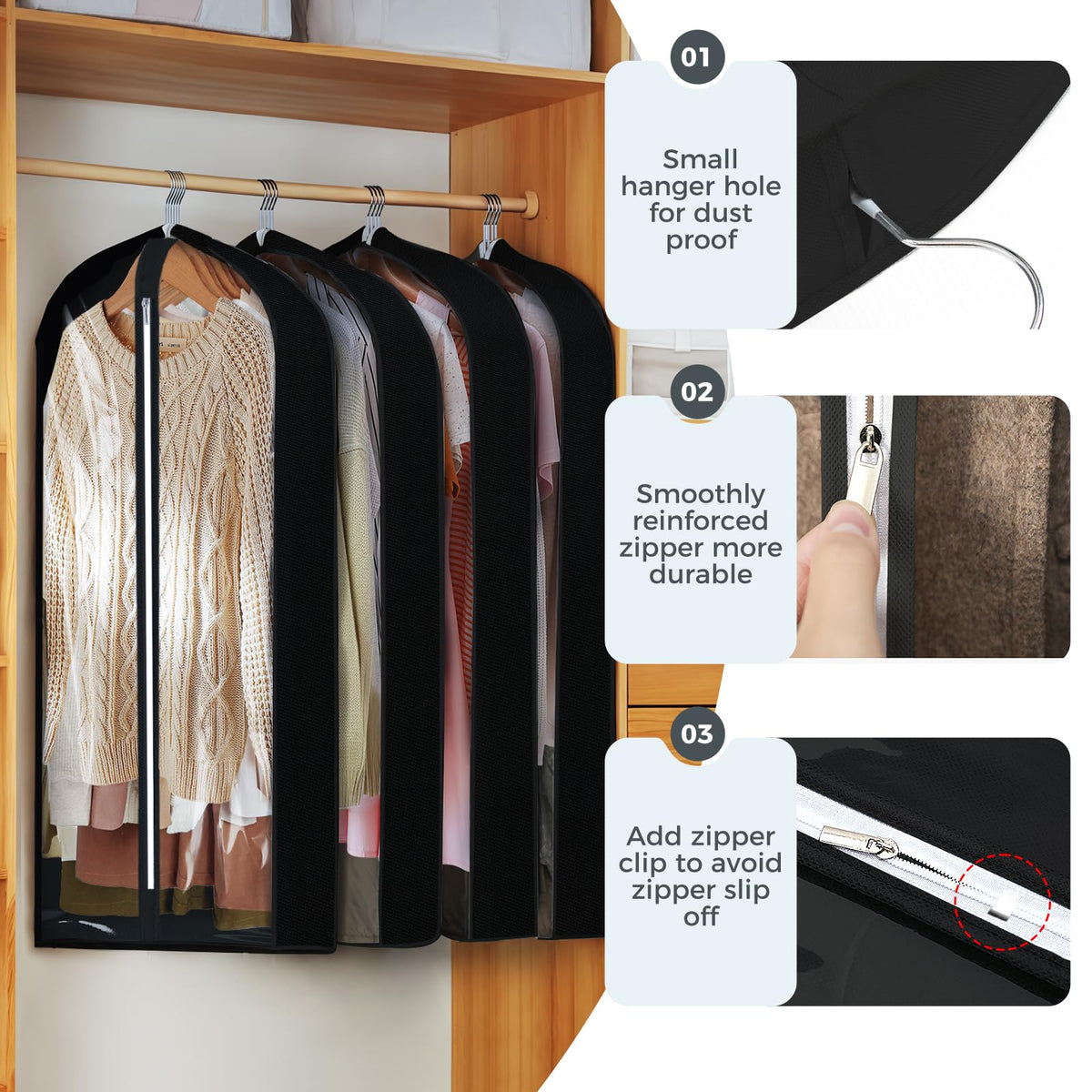 4 Pack 60'' Clear Garment Bags For Hanging Clothes, Suit Bags For Closet Storage, Clothing Storage, Garment Bags For Travel Cove