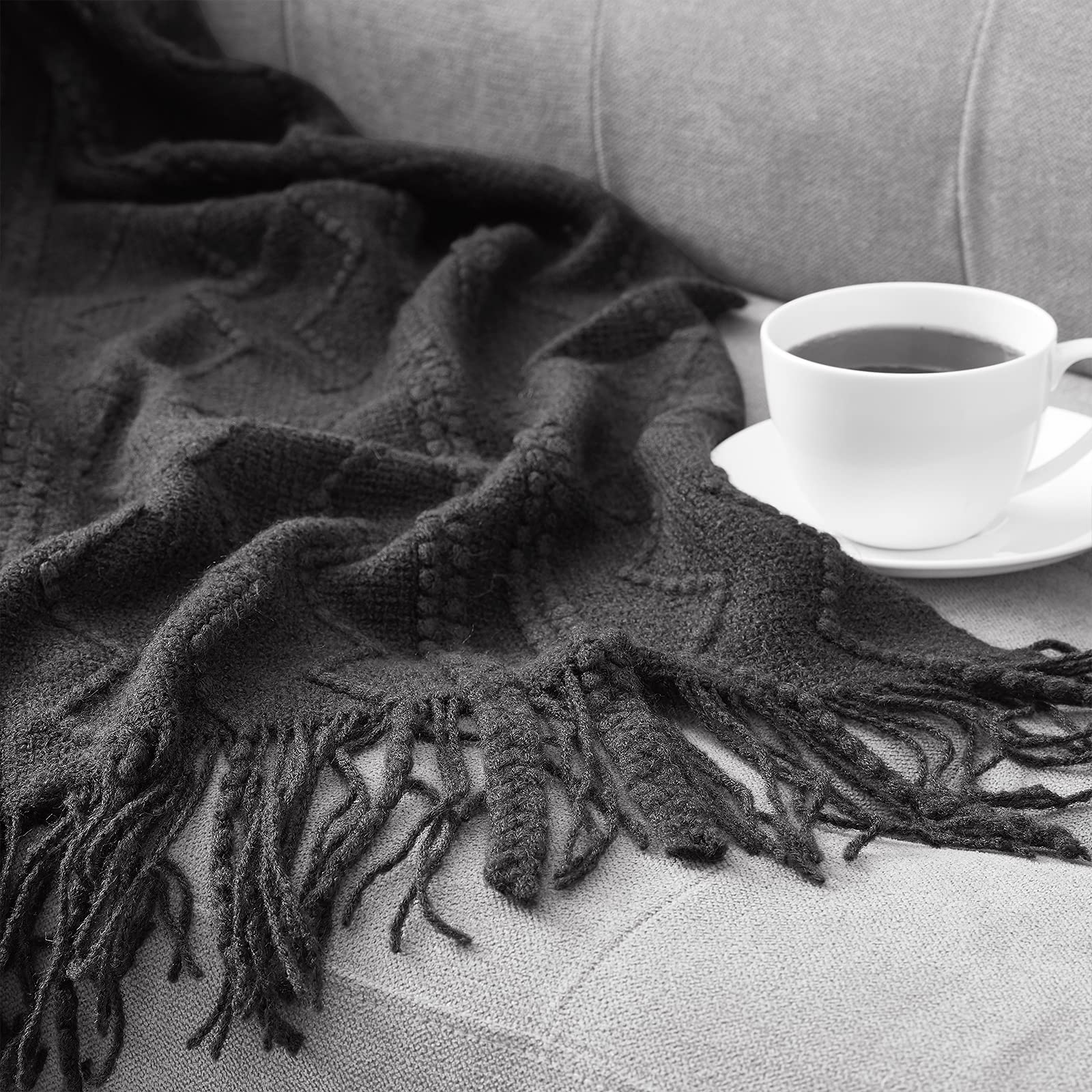Bourina Throw Blanket Textured Solid Soft Sofa Throw Couch Cover Knitted Decorative Blanket, 50 X60 Inches Black