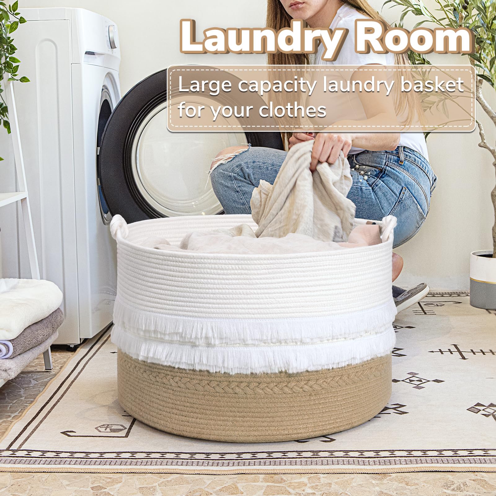 Cherrynow Large Wicker Laundry Basket For Entryway, Bedroom, Jute Decorative Basket For Clothes, Toys, Portable Towel Basket For Bathrooom, 22 X 14 Inches, 83L, White & Camel