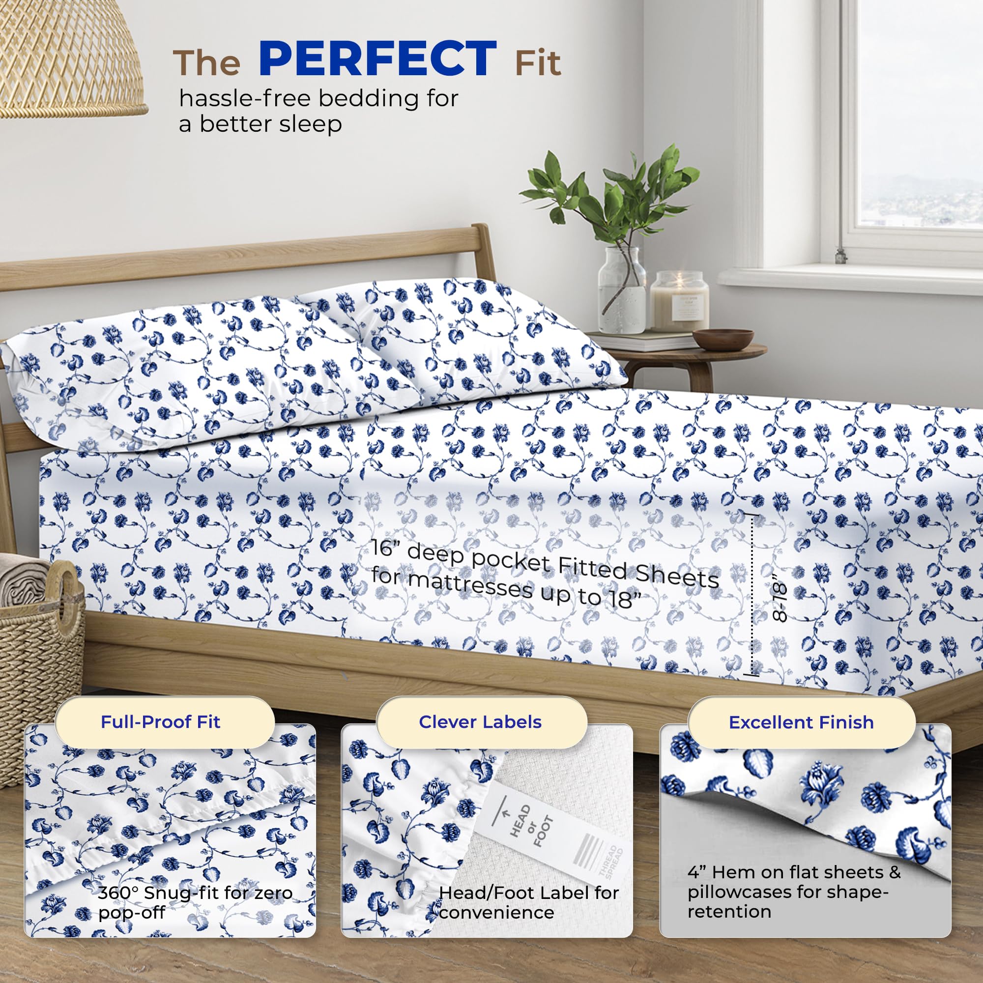 Thread Spread 100% Egyptian Cotton Printed Bed Sheets - 600 Thread Count 4 Pc Queen Sheet Set, Hotel Luxury Sateen Bedsheets, 16' Deep Pocket Soft Cooling Sheets For Queen Size Bed - Floral Blue