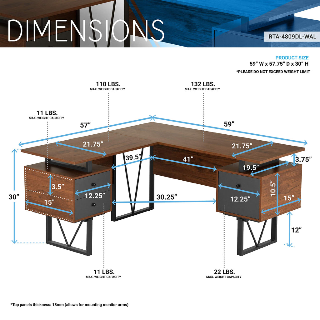 Techni Mobili Reversible L Shaped Desk With File Cabinet And Drawers 59” W – Modern Versatile L Shaped Office Desk With Drawers And File Cabinet - Brown