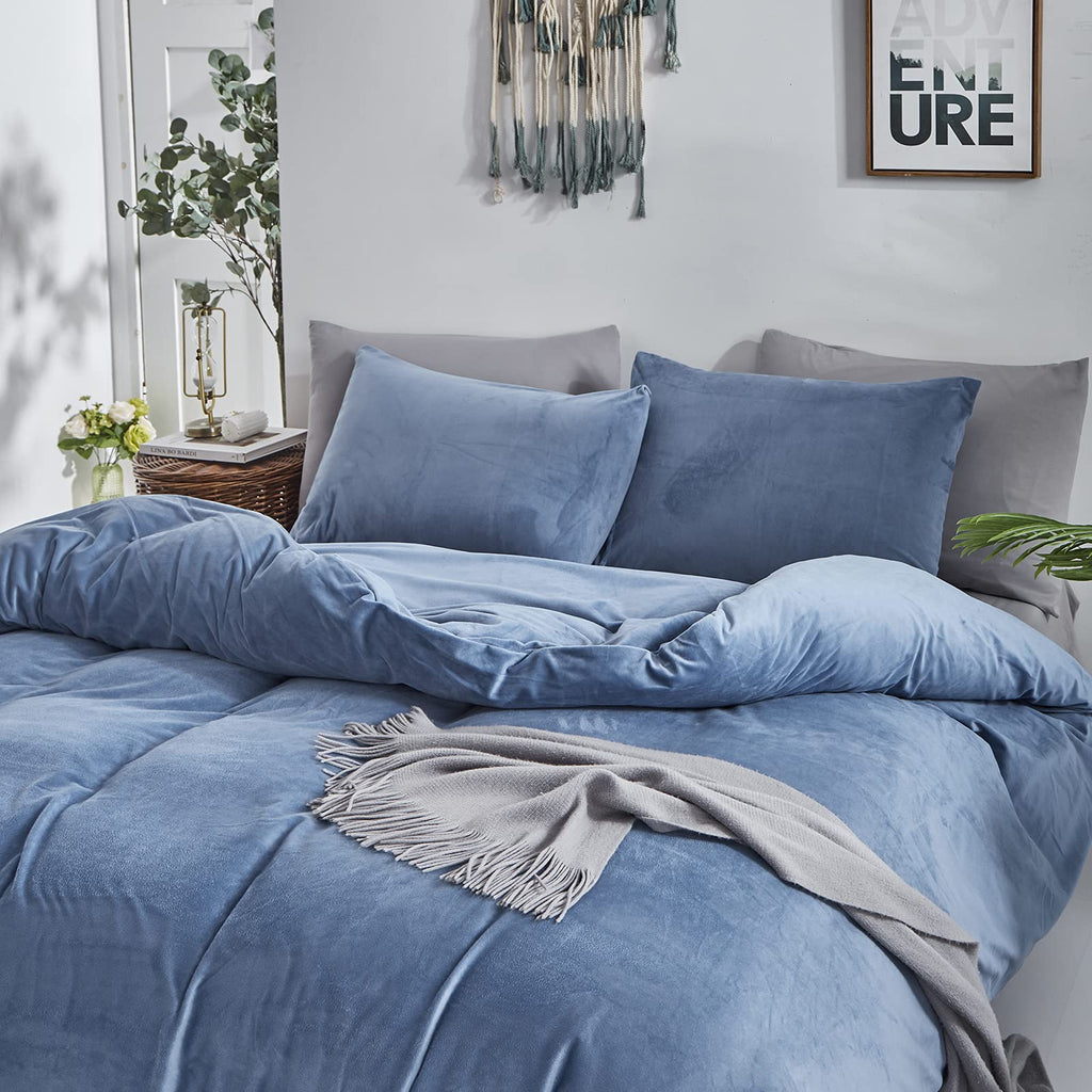 Clothknow Blue Velvet Comforter Set Full 3Pcs Lake Blue Fluffy Bedding Comforter Sets Dusty Blue Comforter Soft Comforter Grayish Blue Full Size Comforter Sets