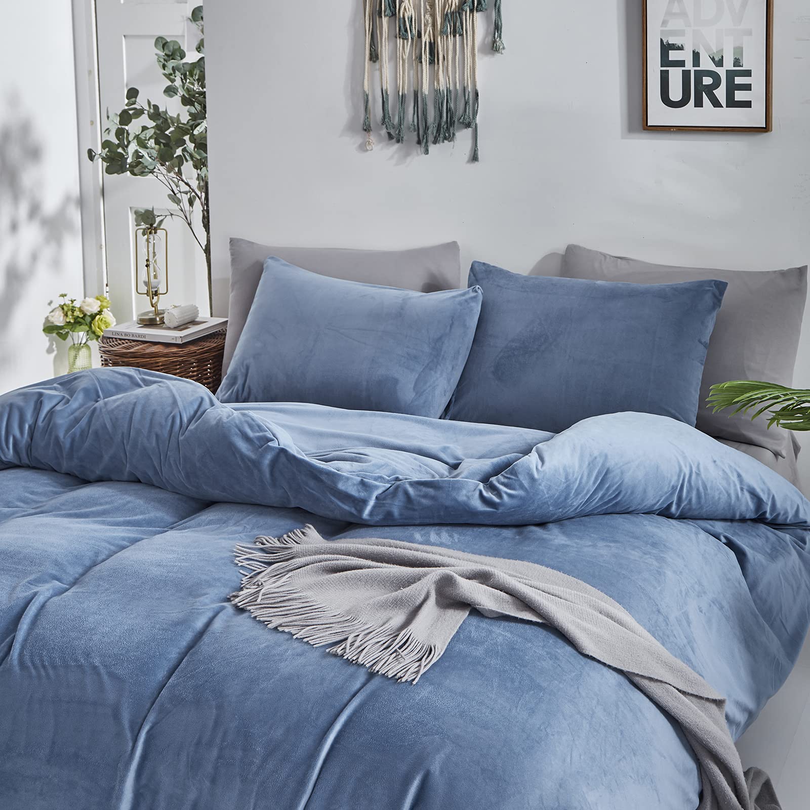 Clothknow Blue Velvet Comforter Set Full 3Pcs Lake Blue Fluffy Bedding Comforter Sets Dusty Blue Comforter Soft Comforter Grayish Blue Full Size Comforter Sets