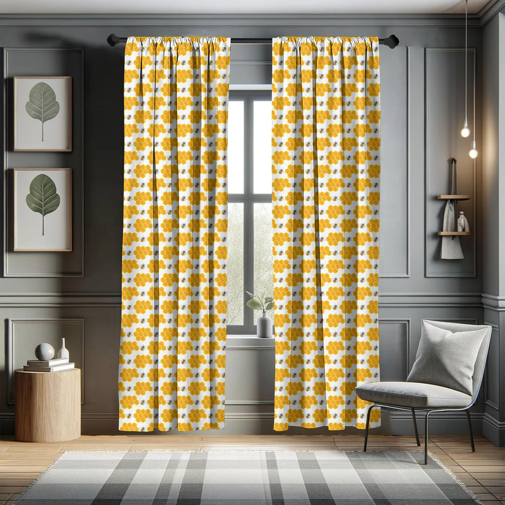 Ambesonne Cartoon Window Curtains, Bumble Bee Along Honey Comb Pattern Hexagonal Themed Illustration, Lightweight Decor 2-Panel