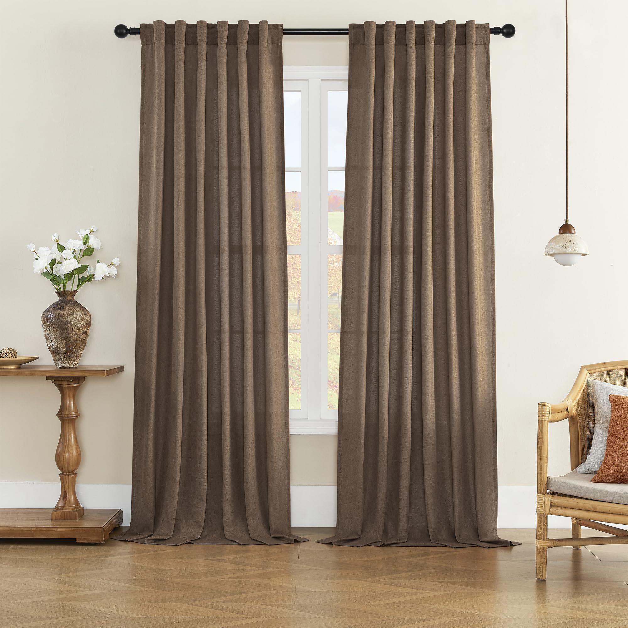 DONREN Natural Linen Curtains 96 Inches Long 2 Panels for Living Room Light Filtering Window Curtains Farmhouse Boho Draperies B