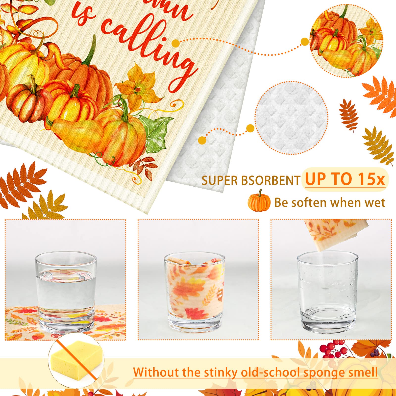 Fall Swedish Kitchen Dishcloth Thanksgiving Pumpkins Maple Dishcloth Absorbent Swedish Soft Reusable Dish Towel Washable Decorat