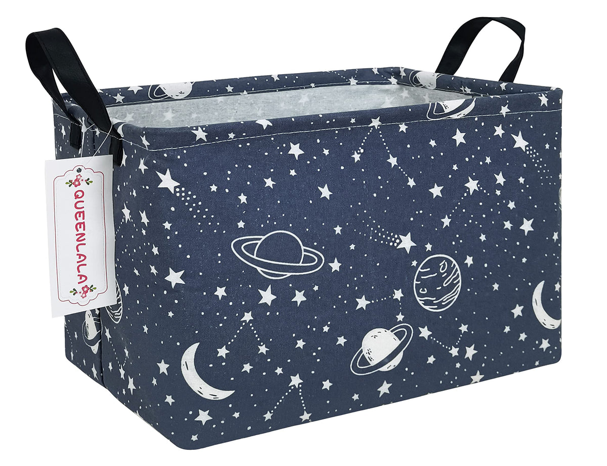 Queenlala Rectangular Laundry Hamper/Foldable Nursery Laundry Basket For Organizing/Storage Bin Baskets/Children Toy Office Bedroom/Toy Bin Closet Shelf Baskets(Rec-Blue-Starry Sky)
