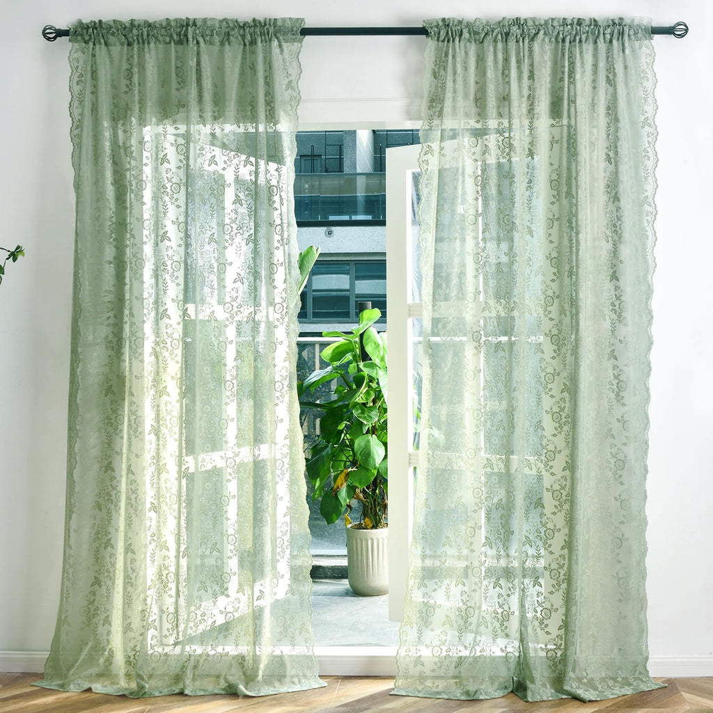 Finecity Green Lace Curtains 96 Inches Long, Country Rustic Leaf Floral Spring Sheer Curtains For Living Room, Rod Pocket Privac