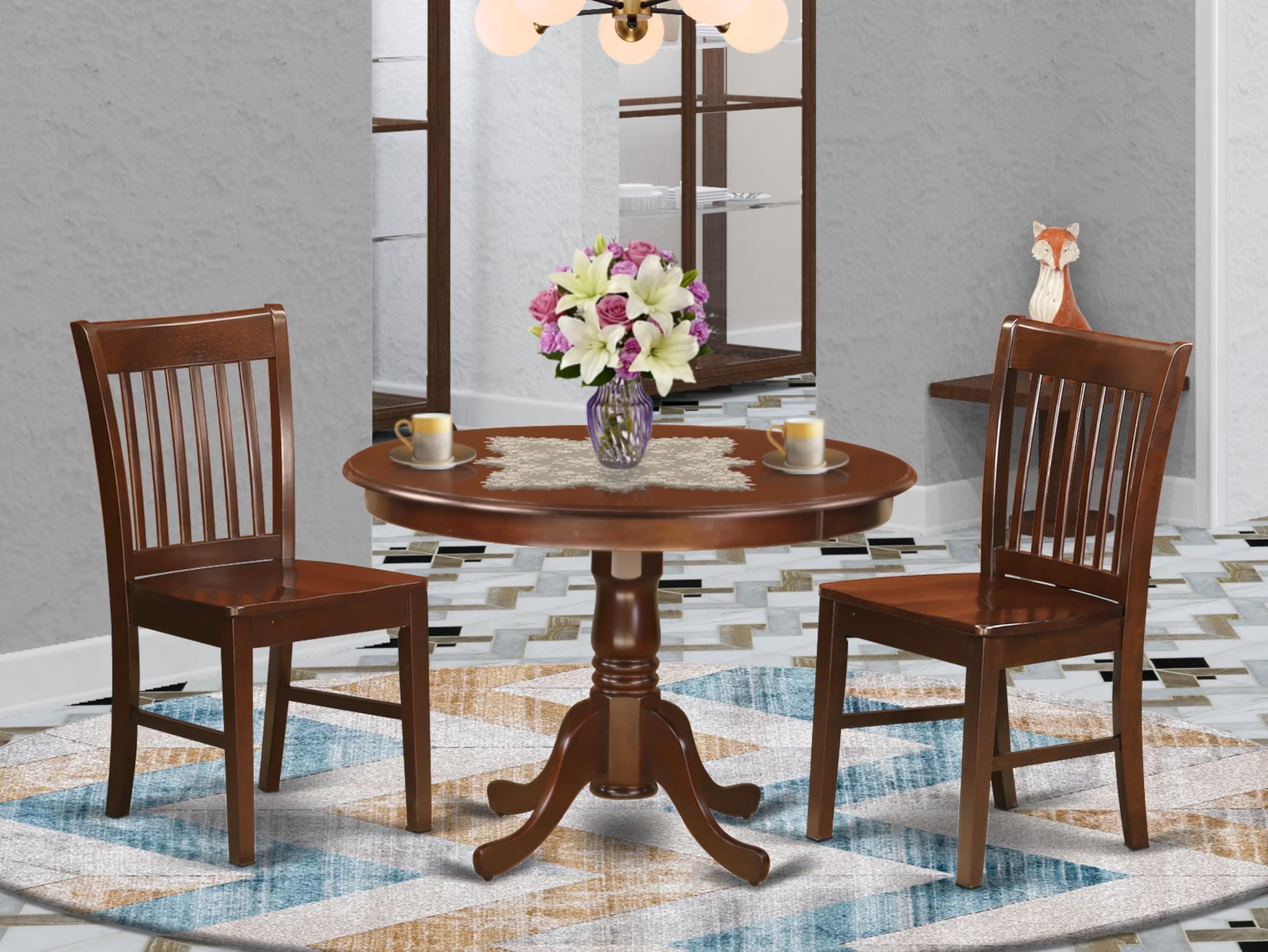 East West Furniture HLNO3-MAH-W 3 Piece Dining Table Set for Small Spaces Contains a Round Dining Room Table with Pedestal and 2 Wooden Seat Chairs, 42x42 Inch, Mahogany