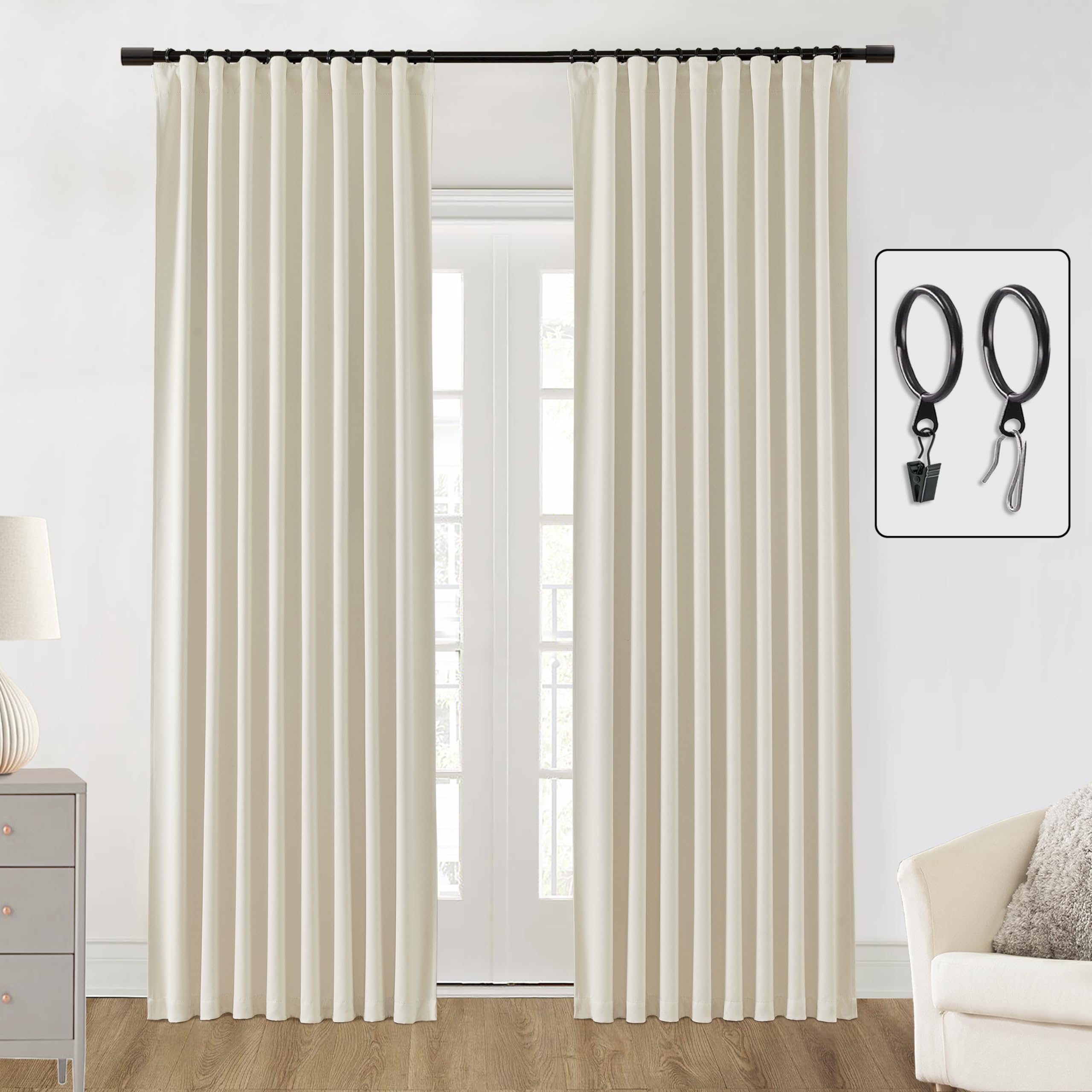 SHINELAND Blackout Curtains 108 Inches Long for Living Room 2 Two Panels Set Back Tab Hook Ring Clip Pleat Extra Long Darkening 