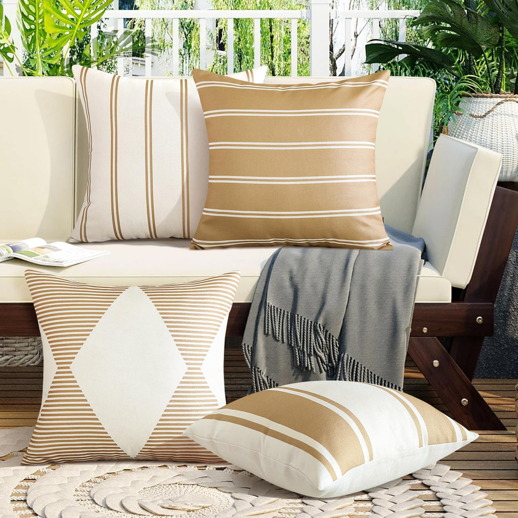 Otostar Decorative Outdoor Throw Pillow Covers 16X16 Inch Waterproof Geometry Pillow Cover Garden Cushion Case Patio Outdoor Pillows Shell For Couch Indoor Tent Park Furniture Set Of 4 (Light Coffee)